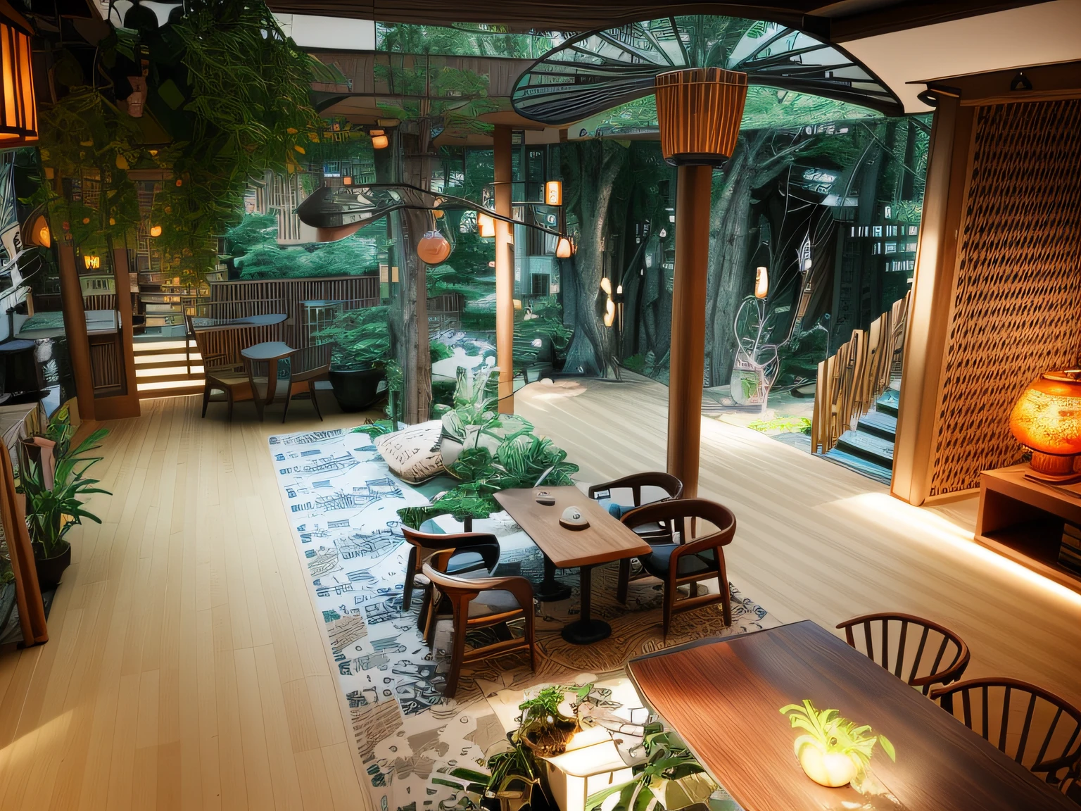 exterior design、Crazy detailed wide-angle building photos、cozy contemporary living room、(Bright warm sunshine 1:0.1)、award-winning contemporary interior design、Landscapes、DL、a chair、in a house、wooden floor、window、dining room、east asian east asian architecture、Sliding paper doors、lamp lights、buliding、the woods、naturey、Cups、A plant、Interior design、Insert lights and shadows、depth of fields、low illuminance