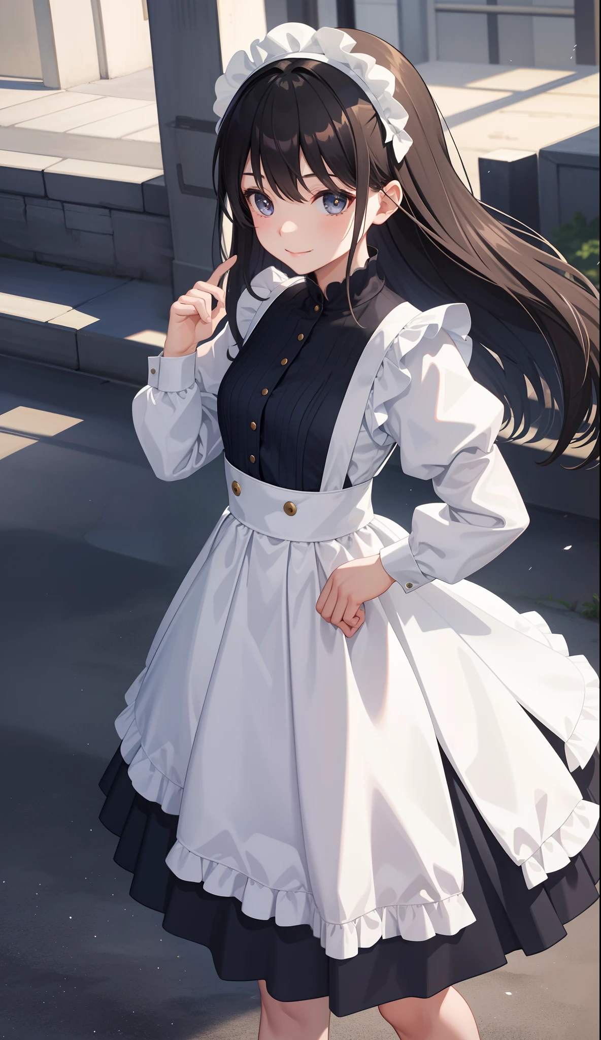1girl in、AS-Adult、A smile、The shirt、skirt by the、(small tits)、doress、pinafore、hair adornments、(Maids)、Walking with a thigh、Upper body portrait、