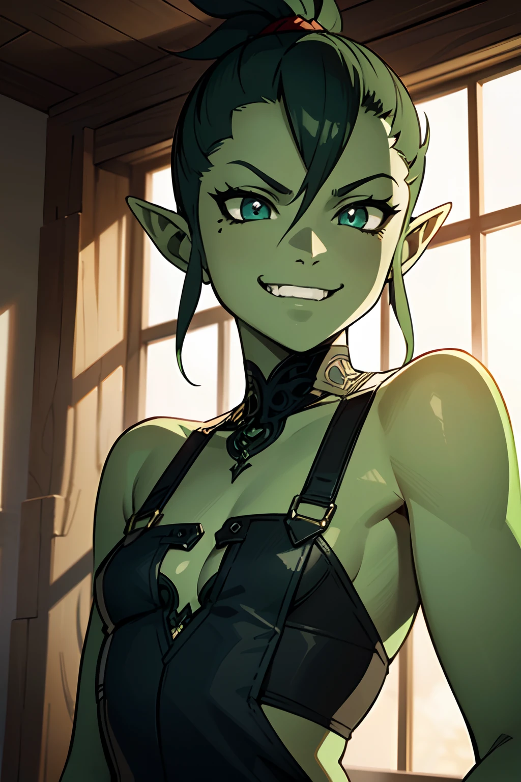 A female orc with green skin, small chest, a fierce expression, and a naughty smile. Her face is both alluring and full of mischief, with cute fangs protruding from her mouth. The detailed green skin gives her a wild and exotic appearance. Her eyes are mesmerizing, with intricate details and a hint of danger. The high-resolution artwork captures every nuance of her facial features, from the texture of her skin to the fine lines around her eyes. The masterpiece quality of the image ensures that even the smallest details are rendered with precision and clarity. The lighting accentuates her complexion, highlighting the vibrant green color of her skin. The overall color tone is rich and immersive, enhancing the fantasy atmosphere of the artwork. With this prompt, the generated image will be a stunning portrayal of a seductive yet fierce female orc, capturing her unique charm and allure.