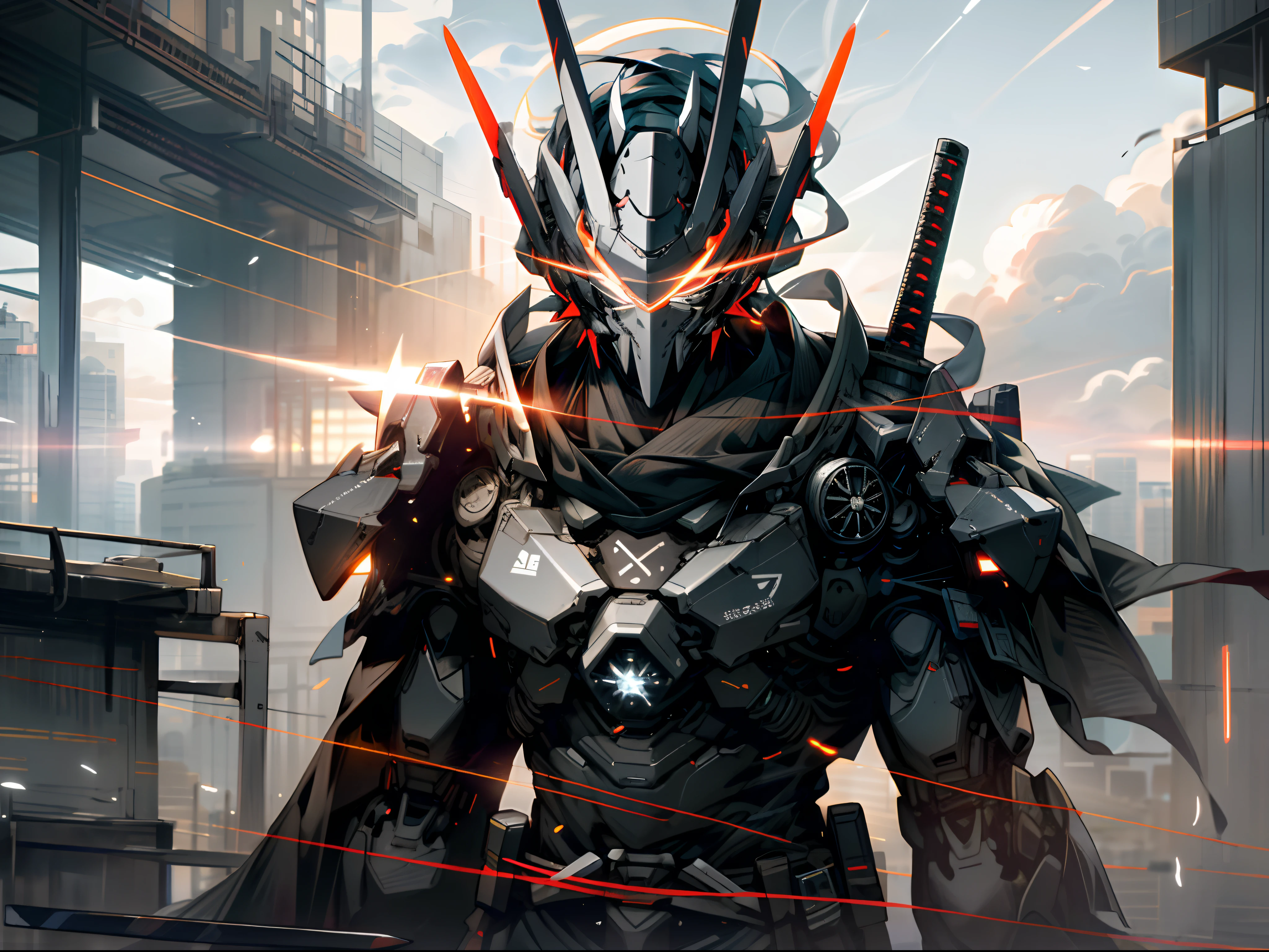 Skyscraper night sky, Cloud, Holding_arma, No_Humanity, Glow, Ninja robot, architecture, Science fiction, urban, Reality Upper body straight forward Glowing body Glowing red eyes holding a sword(Tachi weapons) a broad shouldered --v6