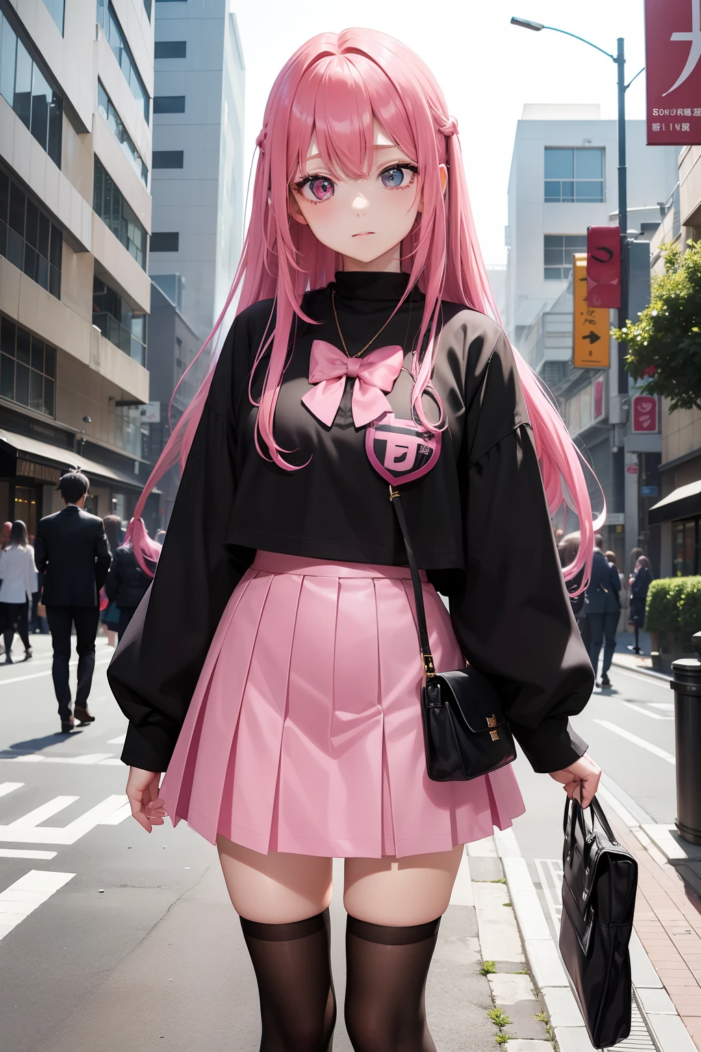 Bad girl、Black jumper、Pink mini skirt、Odango Hair、Pink hair、full body Esbian、masuter piece:1.2、top-quality)、(Live action、Intricate details)、(1lady、独奏、The upper part of the body、) garments: Edgy、Dark blue blazer、Pink mini skirt、High School Uniform、Avant-garde、Experimental appearance: Long pink hair、 The location: schools、Create mixed media art、 values: individuality、authenticity、creative expression