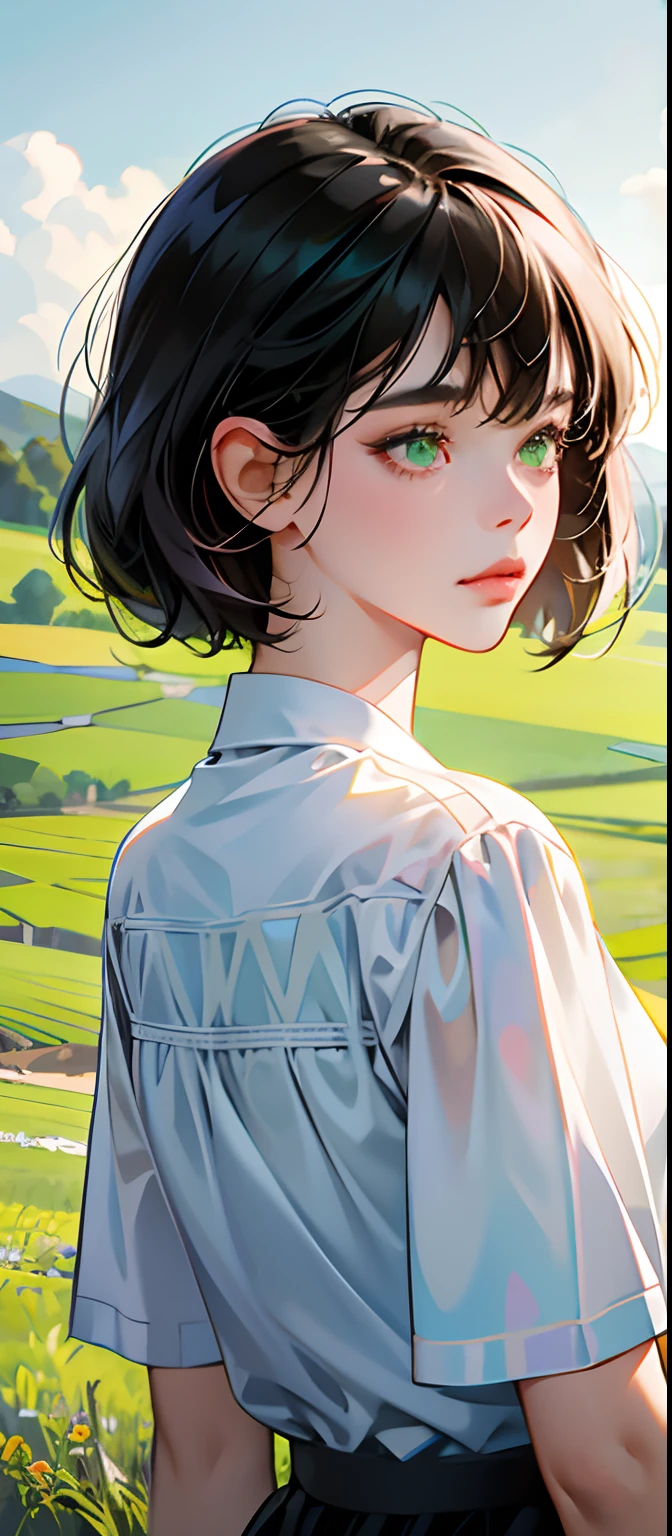 (best quality, 4k),1girl,Short black hair with bangs, green eyes,In the countryside