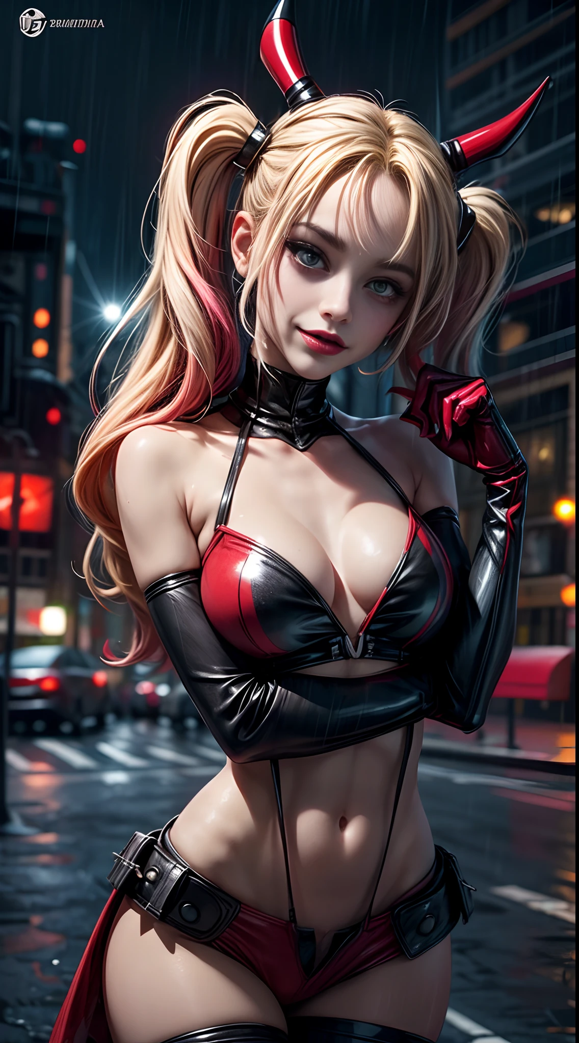 Toma de cuerpo completo, Harley Quinn, parada en la lluvia, en ciudad gotica