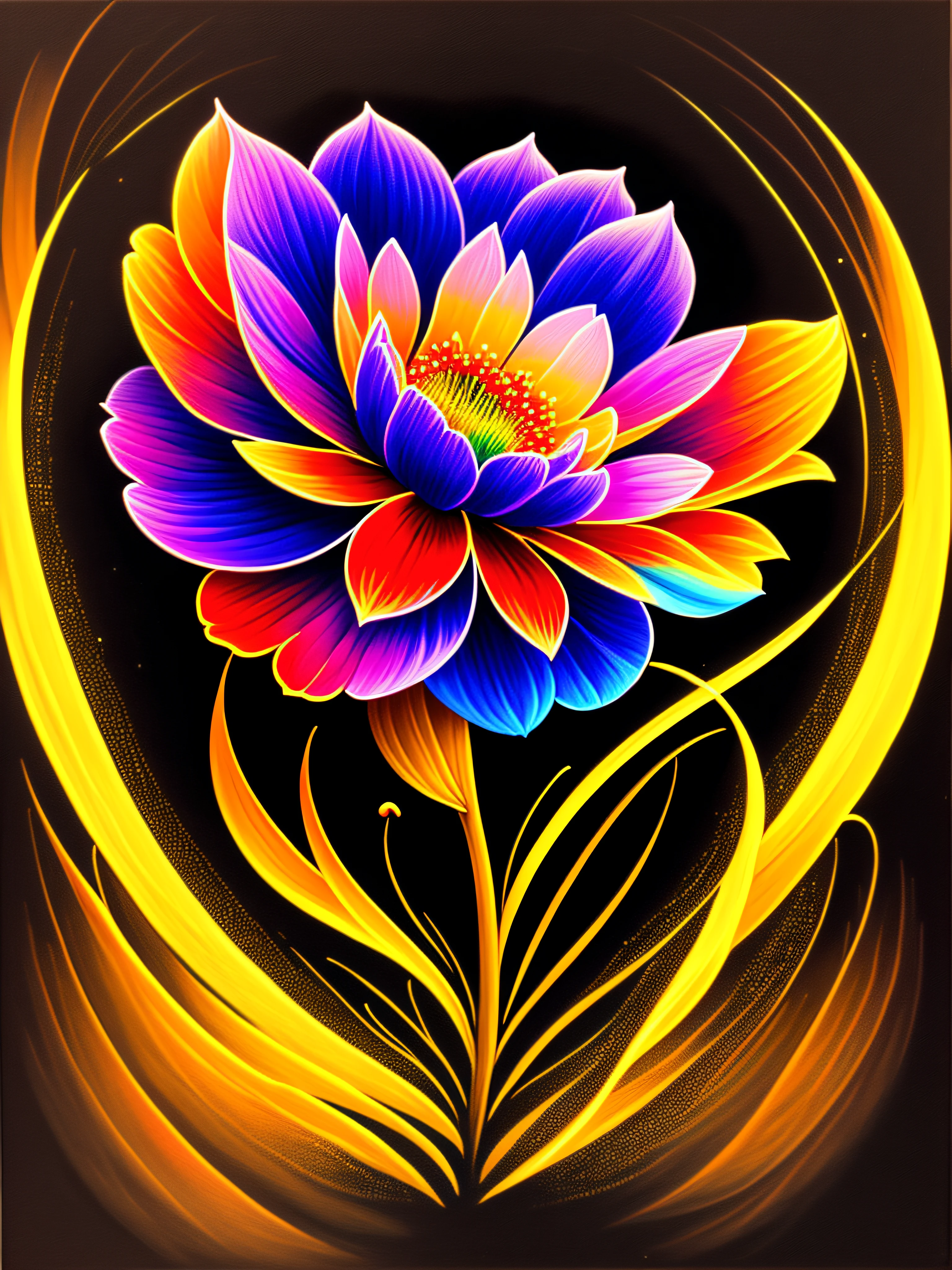 a painting of a colorful flower on a black background,, breathtaking rendering, within a radiant connection, inspired by Kinuko Y. Craft,, magical elements, flower icon, wow, is beautiful, casting a multi colorful spell, bright flash, flash