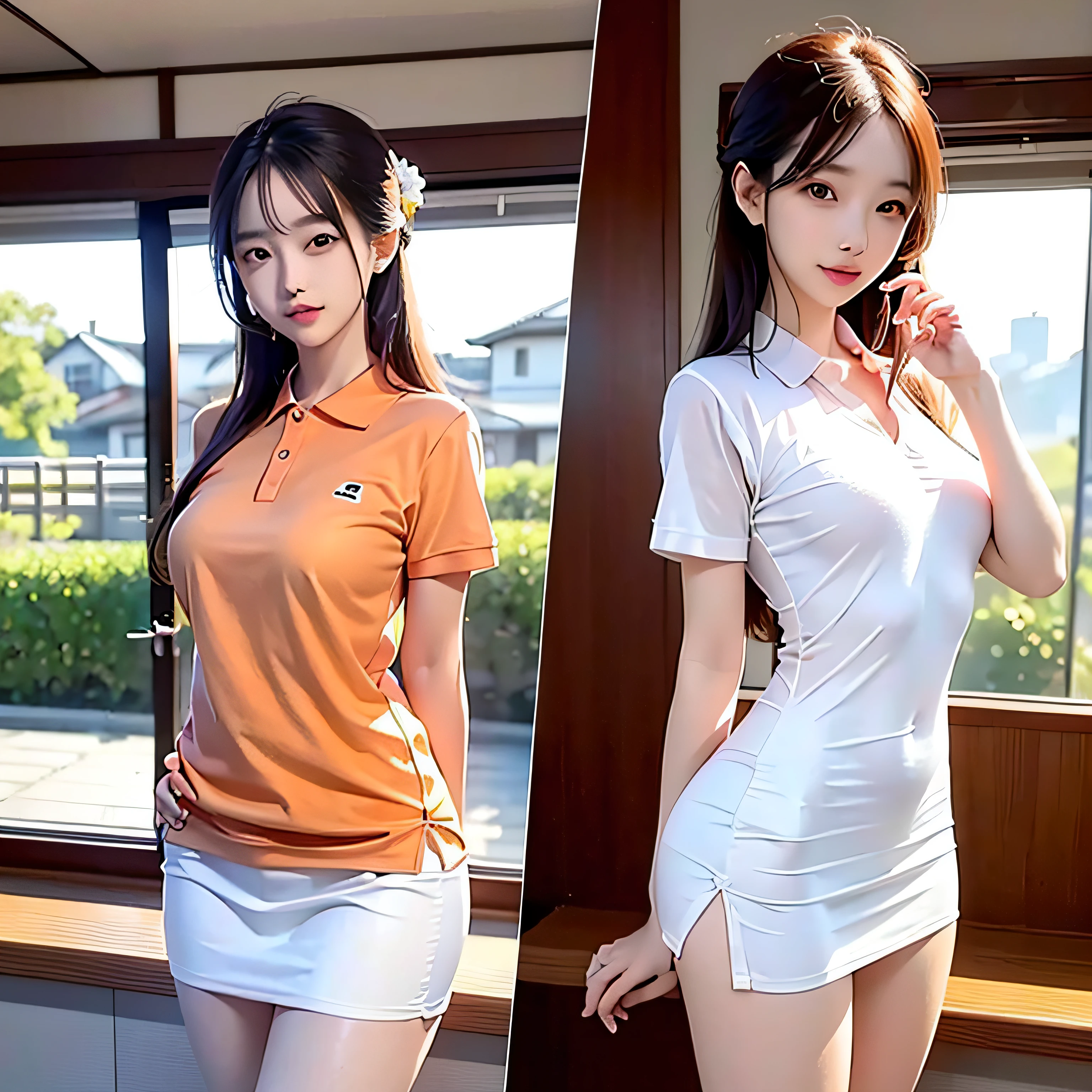 Realistic photos of 8k images (1 cute Japan woman) flipped hair, Slim body、Angel smile、Thin makeup, medium breasts size, Orange Polo Shirt, At the train station, Canon EOS clear facial features, 16 K, High resolution, sharp and realistic details,  Overexposure, cut-in, nffsw, hight resolution, Best Quality