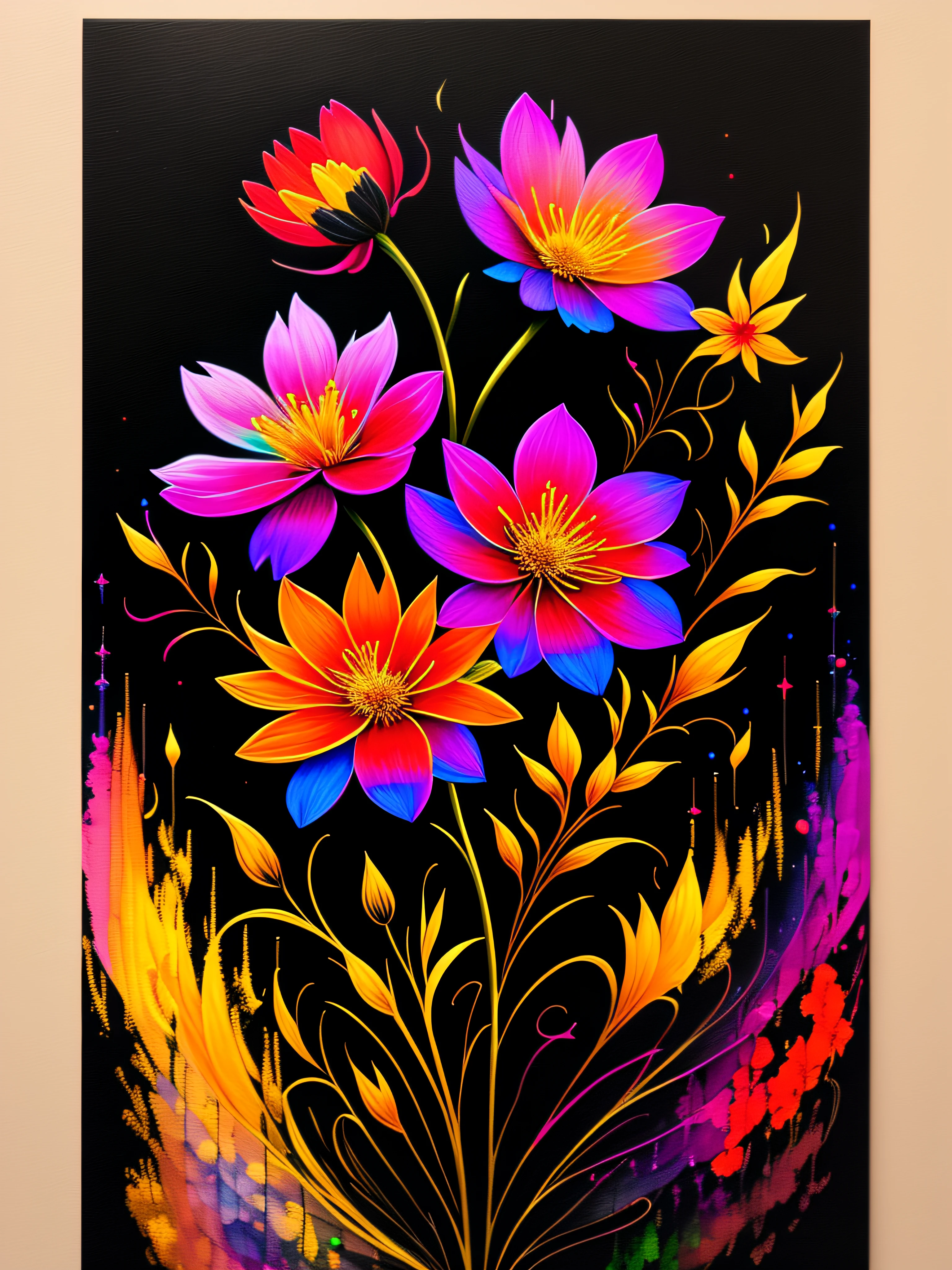 a painting of a colorful flower on a black background,, breathtaking rendering, within a radiant connection, inspired by Kinuko Y. Craft,, magical elements, flower icon, wow, is beautiful, casting a multi colorful spell, bright flash, flash