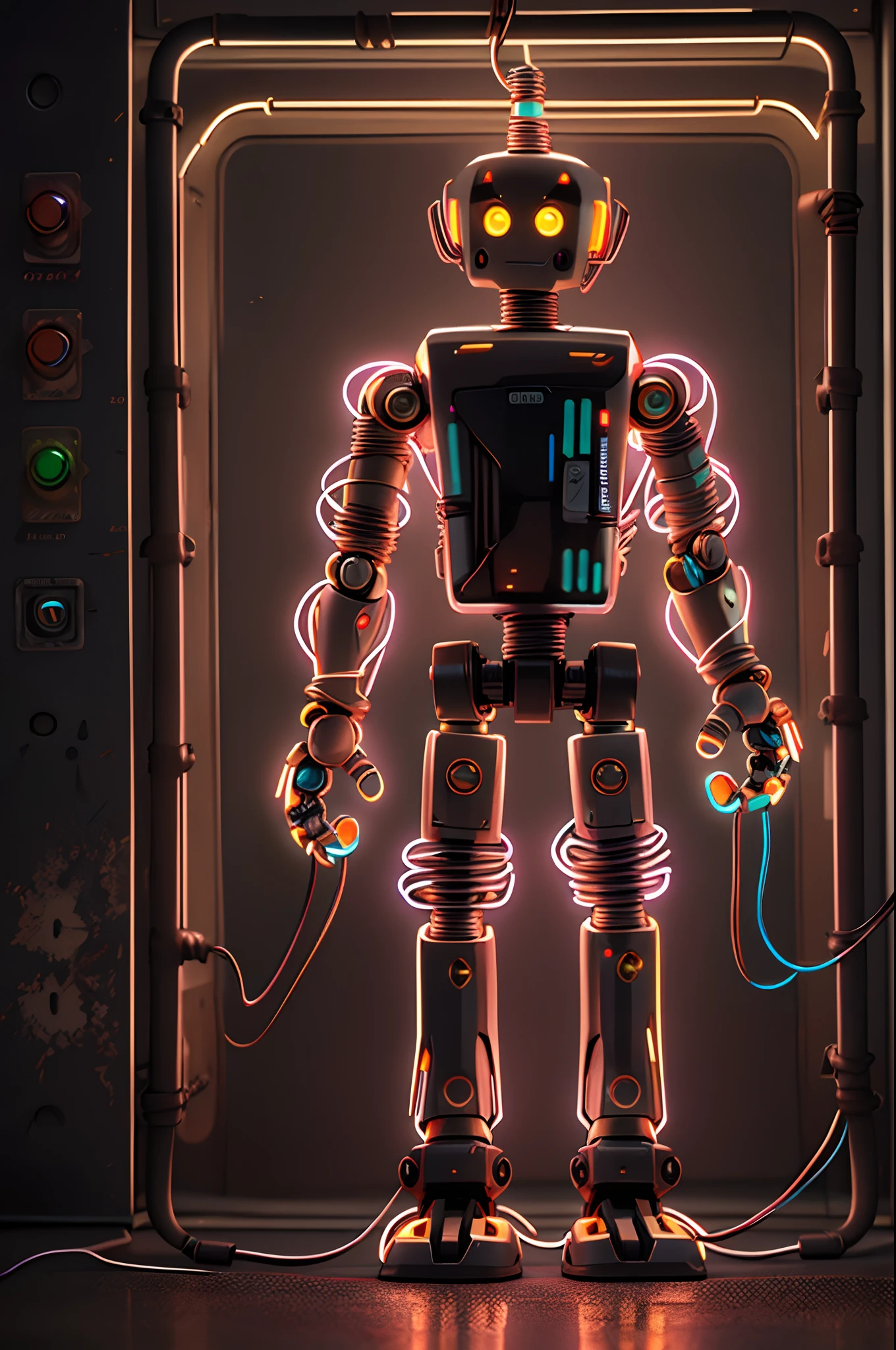 Robot figure made of wire and circuit, Illuminated by bright neon lights in the dark, industrial setting.