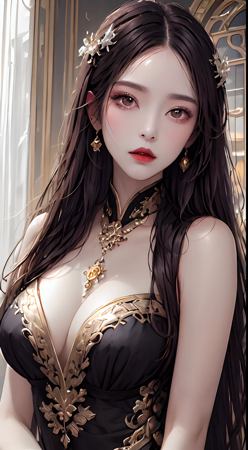 1 27-year-old girl, 1 zodiac goddess from the future, goddess of the pink and purple 12 zodiacs, the goddess of the zodiac in a yellow ao dai, a 12 zodiac ao dai with many black lace detail, mythology Goddess of the 12 zodiacs from the future, zodiac ♏, luxurious glittering zodiac style, dark and mysterious version, zodiac crown, lipstick lips red, thin and beautiful lips, mouth closed, characters made by karol bak and pino daeni, intricate detail, detailed background, extremely detailed, light magic, a woman, clear face, hair long with bangs, beautiful face in detail and well-proportioned eyes, (transparent yellow eyes: 1.8), big round eyes and very beautiful and detailed makeup, foresight, silk dress, mysterious makeup , double bangs and dyed light blonde , upper half portrait, zodiac goddess portrait, arms hanging loosely, Realistic and vivid photo, (stars make up the zodiac: 1.7), (sky background zodiac and fictitious space and time portal: 1.8), fiction art, RAW photo, hanfu picture, best photo, best photo quality, 8k quality, 8k ultra, super realistic, real photo most economical, the goddess poses sexy and seductive,