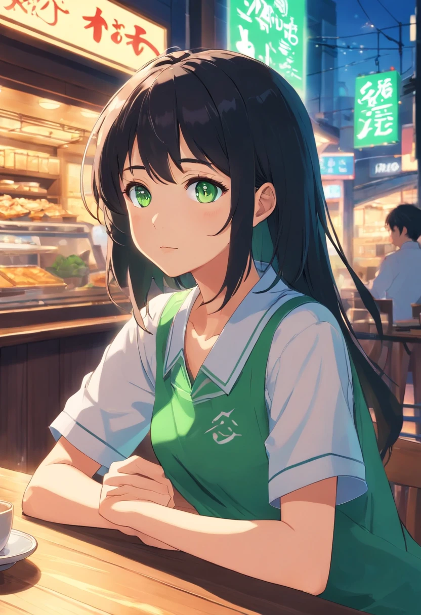 (ember)Humanity,green-eyed,Black hair,There was a little green light floating around,Cafe scene,rainy outside,The upper part of the body,green-eyed,The shirt
