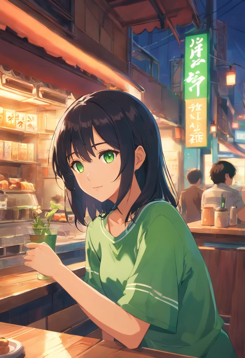 (ember)Humanity,green-eyed,Black hair,There was a little green light floating around,Cafe scene,rainy outside,The upper part of the body,green-eyed,The shirt