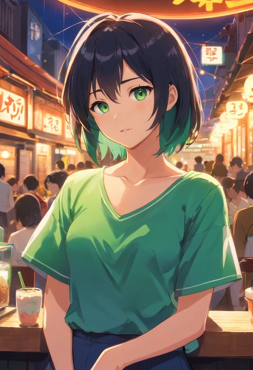 （ember）Humanity，green-eyed，Black hair，There was a little green light floating around，Cafe scene，rainy outside，The upper part of the body，green-eyed，The shirt