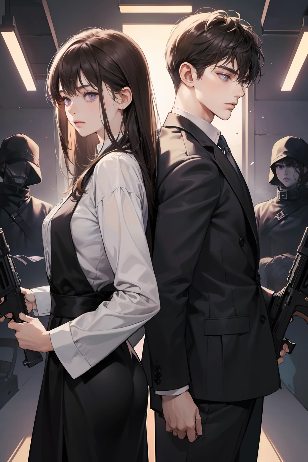 Masterpiece, best quality, 1 boy and 1 girl, long straight black bang hair and purple eyes, short side-swept dark brown hair and dark grey eyes, (Partner in crime), boy is tall, 25 year old, mafia, (has a machine gun), back to back, detailed, 4K