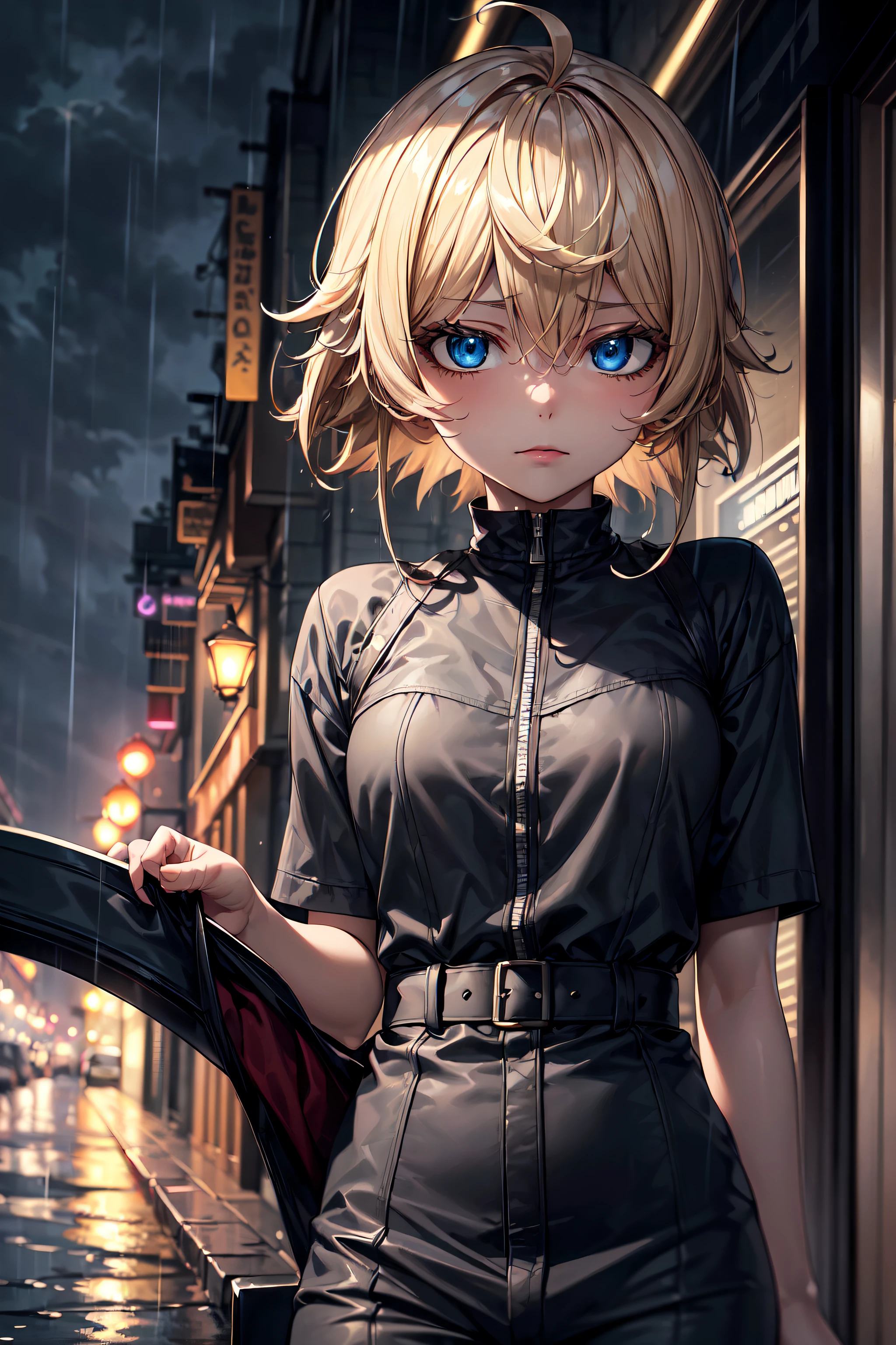 tanya, (masterpiece, best quality:1.2), rain in the night city, melancholic atmosphere, vibrant colours, cinematic lighting, ultra detailed art, add_detail:2