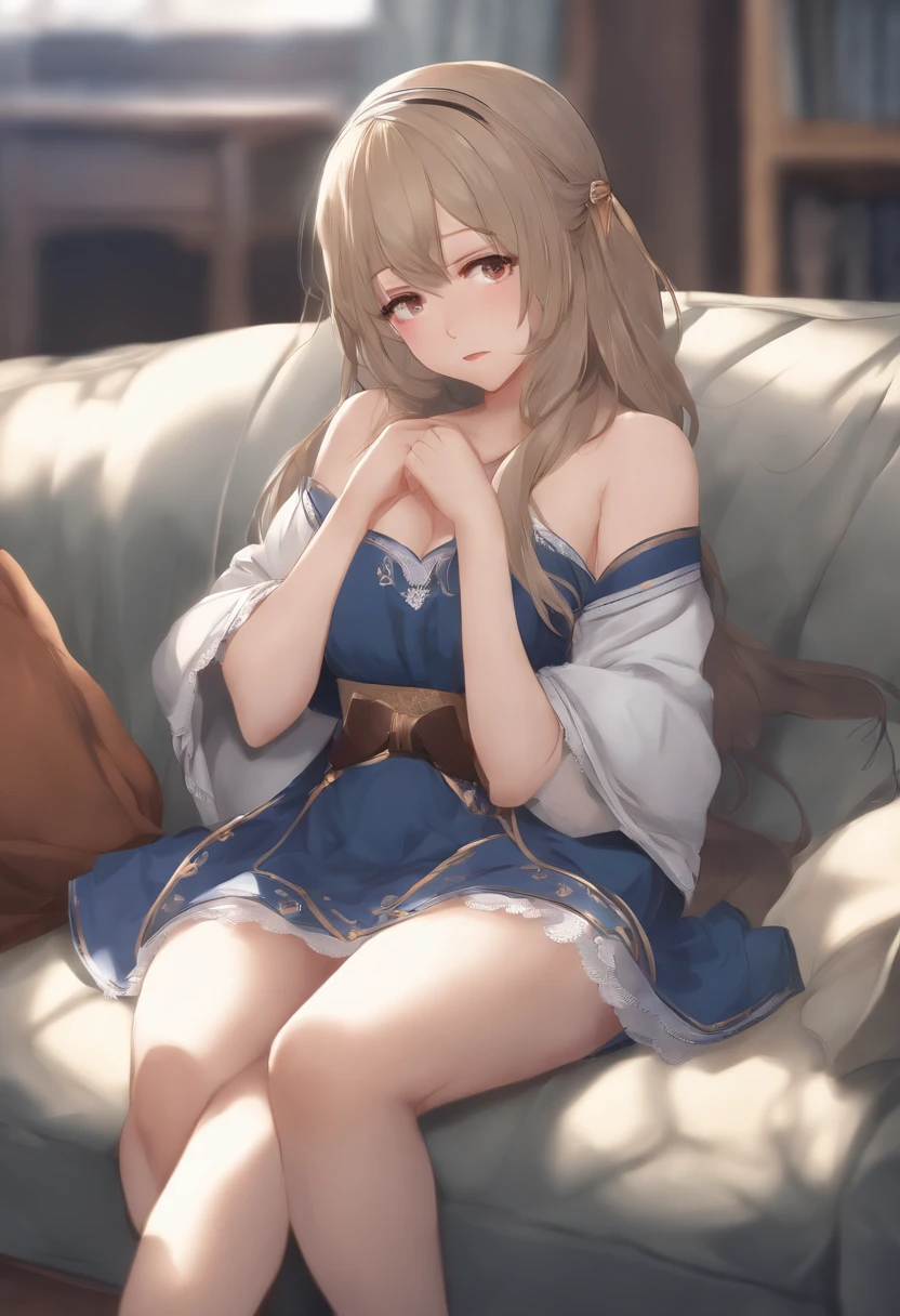 a woman sitting on a blue couch with blanket draped over her head, loli in dress, seductive anime girl, relaxed pose, nervous face with arms and legs, shikamimi, ecchi, from girls frontline, gapmoe yandere, revealing clothes, the anime girl is crouching, full body portrait of a short!, konachan, neutral pose
