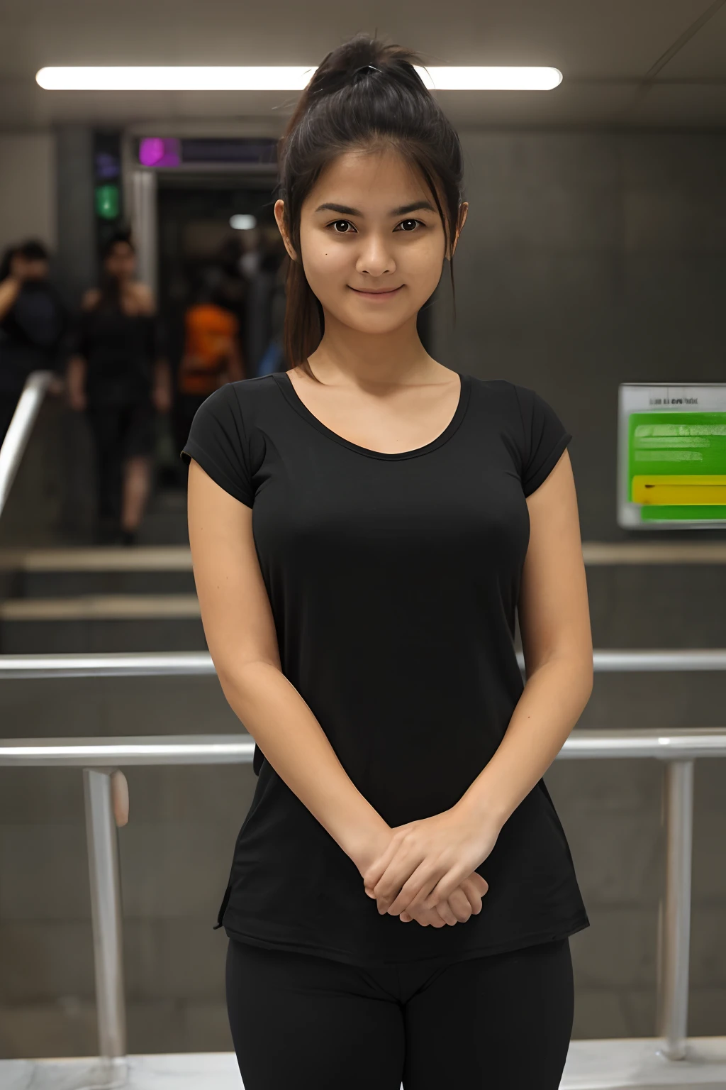 a perfect well-lit (closeup:1.15) (medium shot portrait:0.6) photograph of a beautiful woman standing on the stairs of a subway, big breast, wearing an indian black tshirt outfit, looking at me, coy slight smile