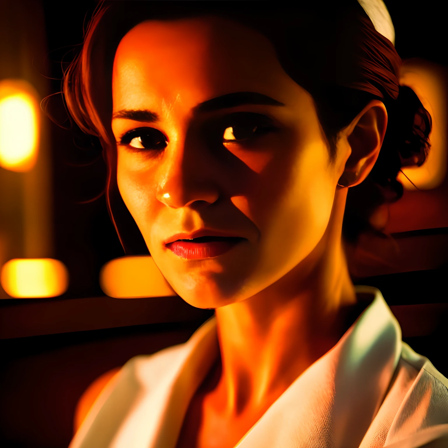 There is a woman with a white band on her head, dramatic intense lighting, Retrato de Chiaroscuro, cinematic close-up of bust, intense illumination, cinematic portrayal, foto de retrato, red and cinematic lighting, filme retrato em close-up ainda, Retrato tirado 8 K, realistic face moody lighting, Cor ainda, cinematic headshot portrait, Retrato de Blade Runner Rachael
