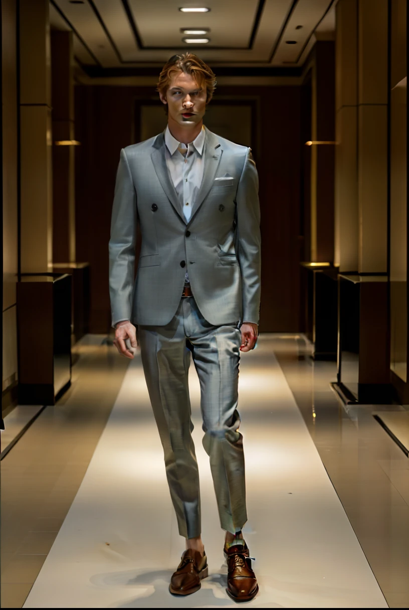 A man caucasian supermodel walks indise and high fashion luxury showroom, masterpiece, High detailed