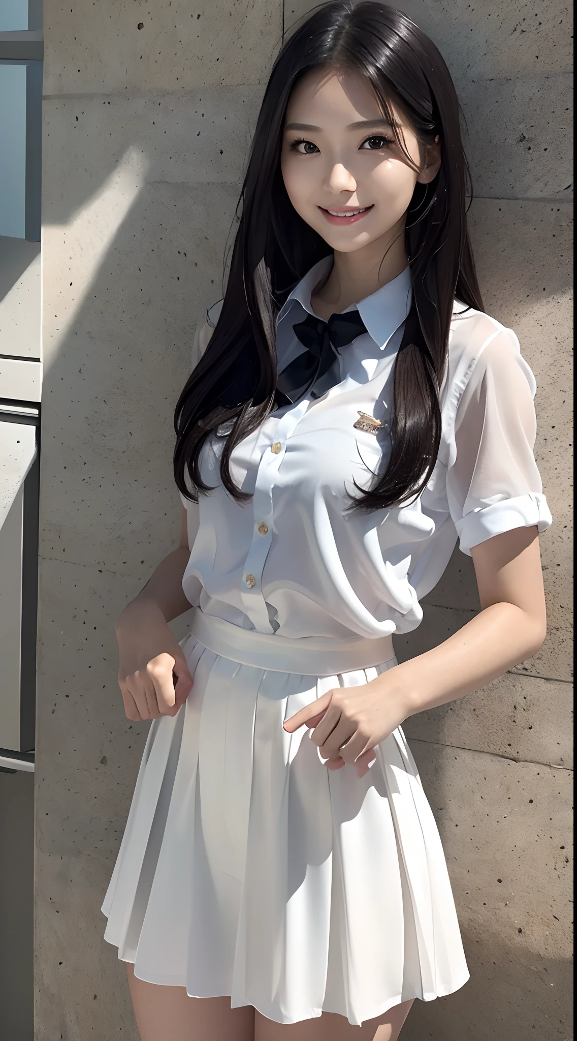 Girl, Solo, Shiny Skin, Very Detailed, Ultra Detailed, Ultra High Definition, (Photorealistic: 1.4), (Best Quality), (Best Shadow), Detailed, Perfect Lighting, Black Hair, Long Hair, (Small: 1.2), Japanese girl, solo, perfect body, perfect anatomy, White shirt, Black skirt, smile, cowboy shot,