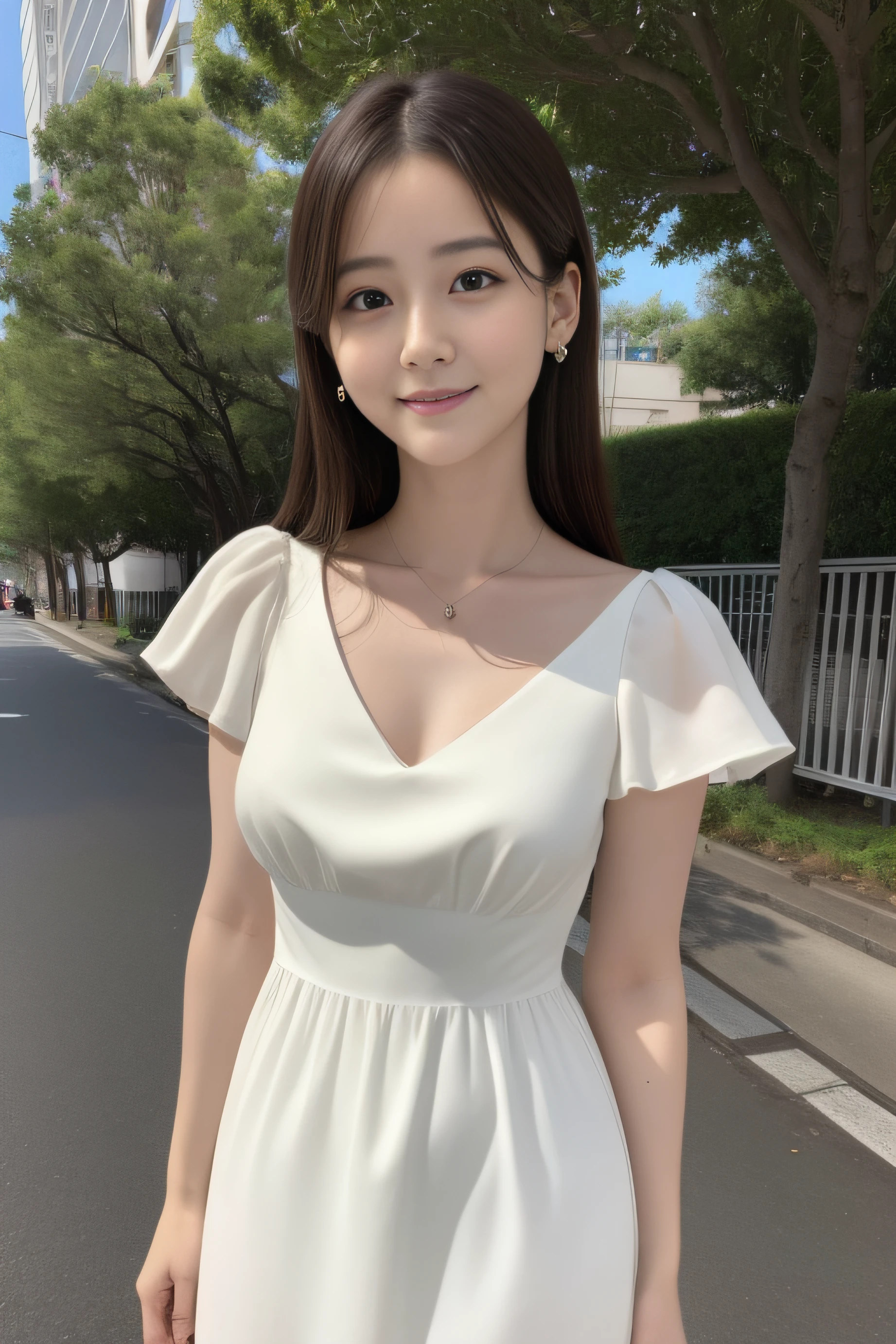 mix4, (16 K, Raw photography, Top image quality, ​masterpiece: 1.45), (realisitic, Photorealsitic: 1.37), one girls, 7．5, etc、Standing figure、Night Time Zone、cute little, A city scape,, photon maping, Cityscape with street trees, physically-based renderingt, Brown Long Hair,, a handsome, Well-groomed and beautiful eyes、Large double eyelids、Very shiny、girl with, (((White Dress)))、 Top Quality Photos, hight resolution, 1080p, (clearface), (Detailed face description), (Detailed hand description), (​masterpiece), (Exquisite CG)、extreme light and shadows、Well-groomed hair、master work、abundant detail、(Fine facial features)、(top quality photo)、(masuter piece)、(A detailed eye)、Look in front of you、Fine clavicle、((Slender big))、(((Japan schoolgirl in white dress)))、((Ready Idol System))、((Boulevard with street trees、Bookstore Street、streetlights))、(Shooting from random perspectives)、(((Anyway cute)))、耳Nipple Ring、A big smile、Drawing the whole body from the feet、Do not draw nasolabial folds、(((White dress with short sleeves)))、(Big breasts that hang down big:0.9)、Big buttocks with tension、Two arms and two legs、(((from the front side:0.5)))、bare hand、No mask、Live-action