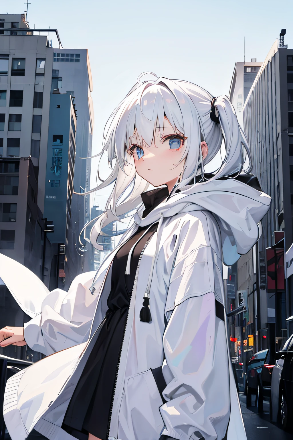The background is a devastated city、Wearing a white hoodie、Wearing a black tattered robe on top、white-haired girl