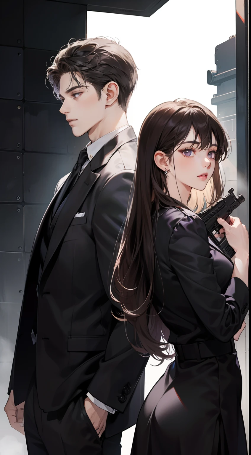 Masterpiece, best quality, 1 boy and 1 girl, long straight black bang hair and purple eyes, short right-swept dark brown hair and dark grey eyes, (Partner in crime), boy is tall, 25 year old, mafia, (has a machine gun), back to back, detailed, 4K