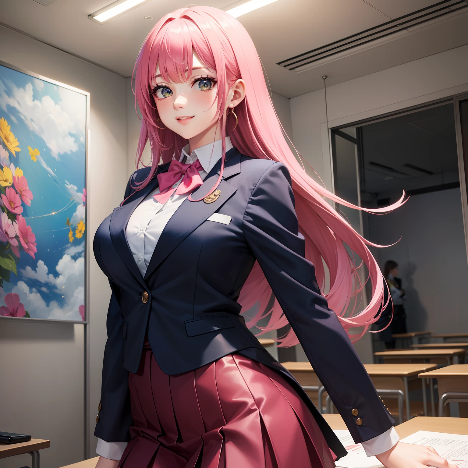 Full body Esbian, Masterpiece: 1.2, highest quality), (live-action, elaborate details), (1 lady, solo, upper body,) Clothing: Edgy, navy blazer, pink miniskirt, high school uniform , avant-garde, experimental Appearance: Long pink hair Location: School, classroom, solo, nice smile, sparkle, creating mixed media art Values: Individuality, authenticity, creative expression