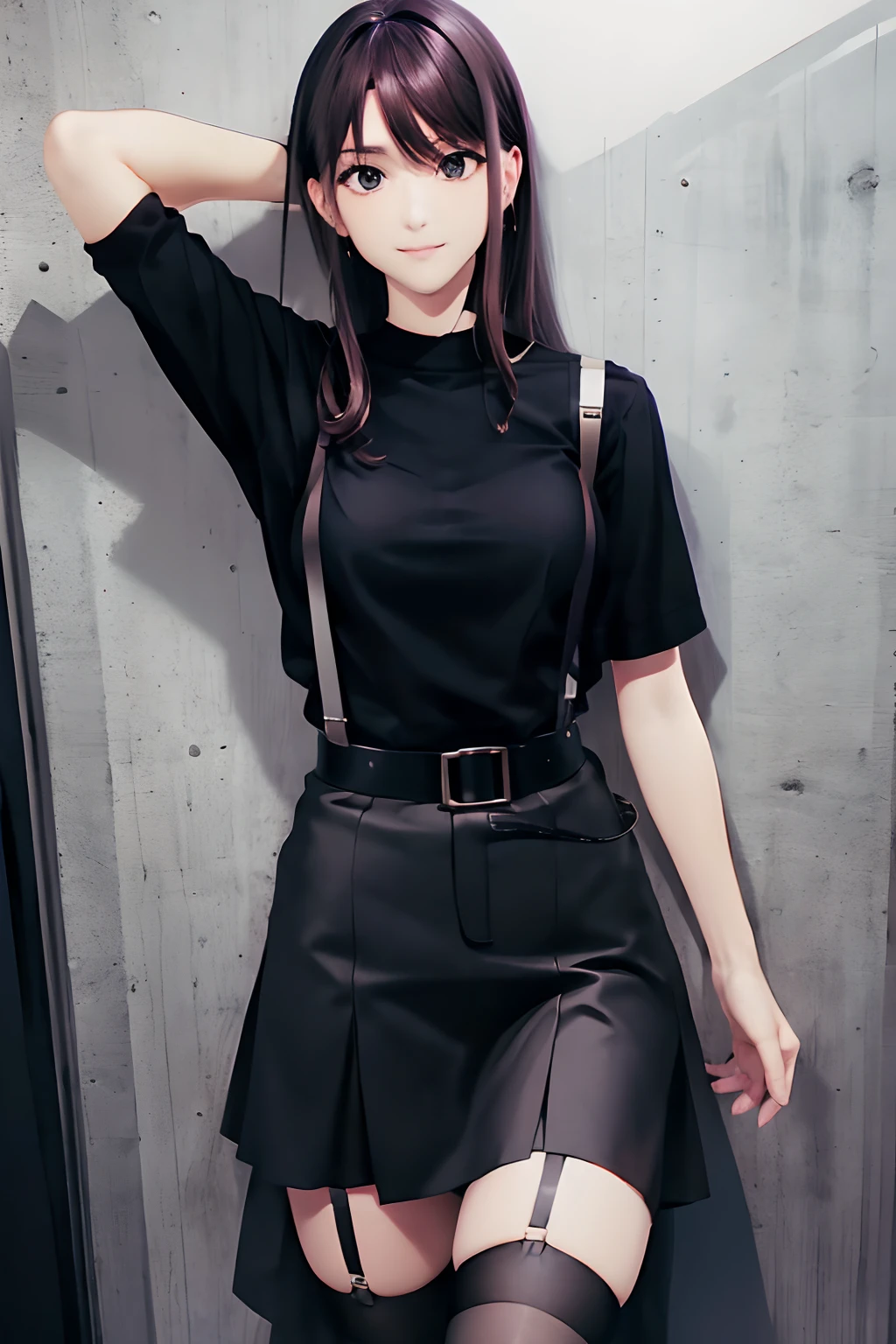 Black skirt, suspenders, Brown hair Gray eyes, Garter belt on the legs, Tight black clothes, a belt Armpit sweat Dark look Moderately breasts holster chain poneyTail