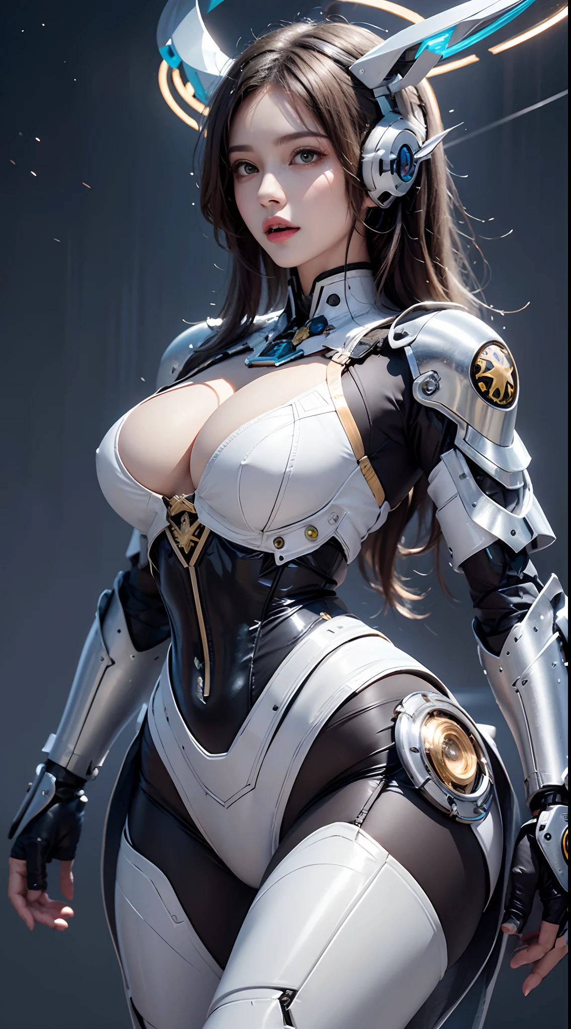 photorealistic, high resolution, 1women, mature female, solo, hips up, robot, mecha musume,mechanical parts, robot joints,single mechanical arm, headgear, mechanical halo,star halo,intricate mechanical bodysuit, mecha corset, full armor, white mecha body