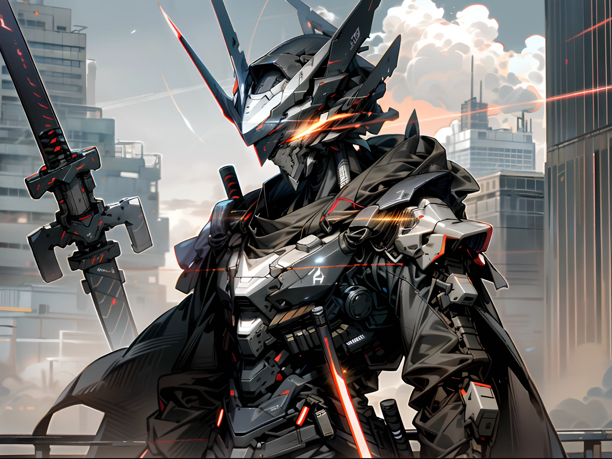 Skyscraper night sky, Cloud, Holding_arma, No_Humanity, Glow, Ninja robot, architecture, Science fiction, urban, Reality Upper body straight forward Glowing body Glowing red eyes holding a sword(Tachi weapons) a broad shouldered --v6