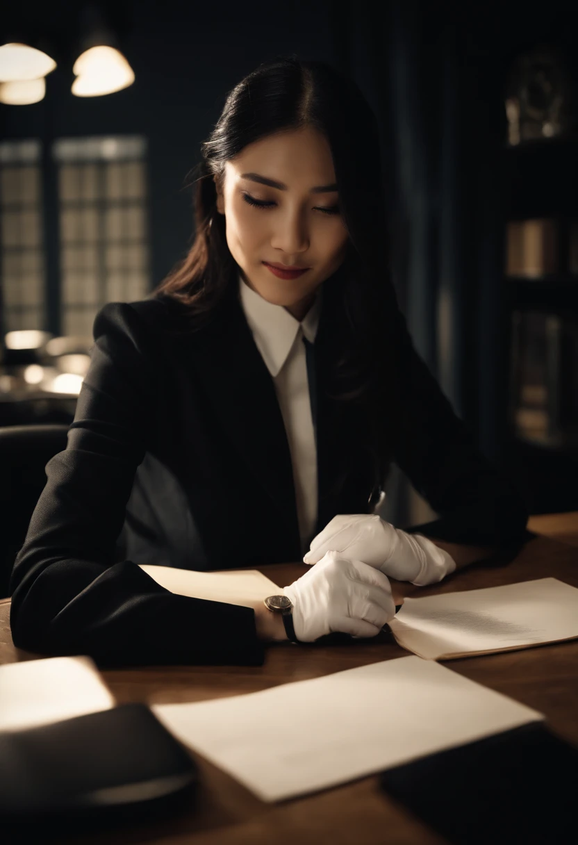 Wearing black leather gloves in both hands, upper body, black business suit, facing the desk in the modern study in the dark, looking down and smiling, writing a letter using a fountain pen, long, straight black hair, young Japanese woman (black leather gloves cover both hands)