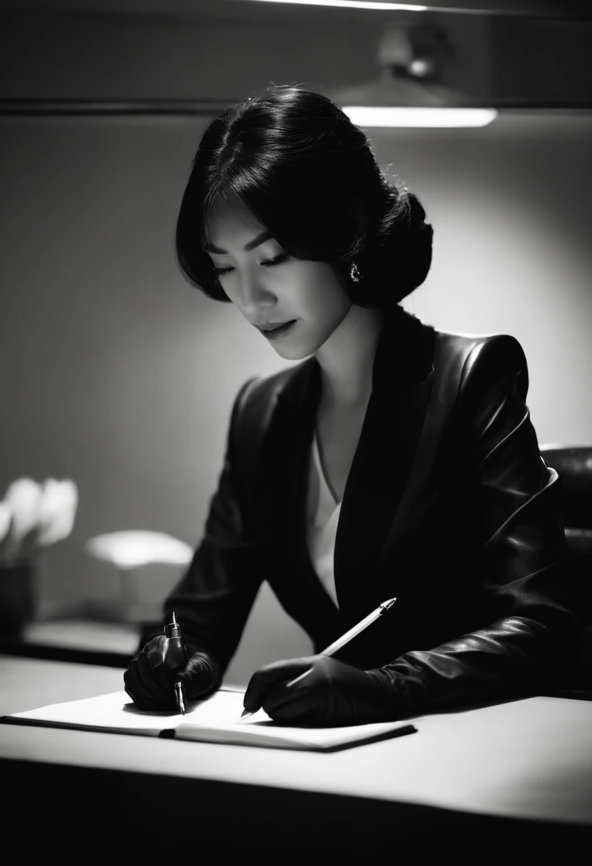 Wearing black leather gloves in both hands, upper body, black business suit, facing the desk in the modern study in the dark, looking down and smiling, writing a letter using a fountain pen, long, straight black hair, young Japanese woman (black leather gloves cover both hands)