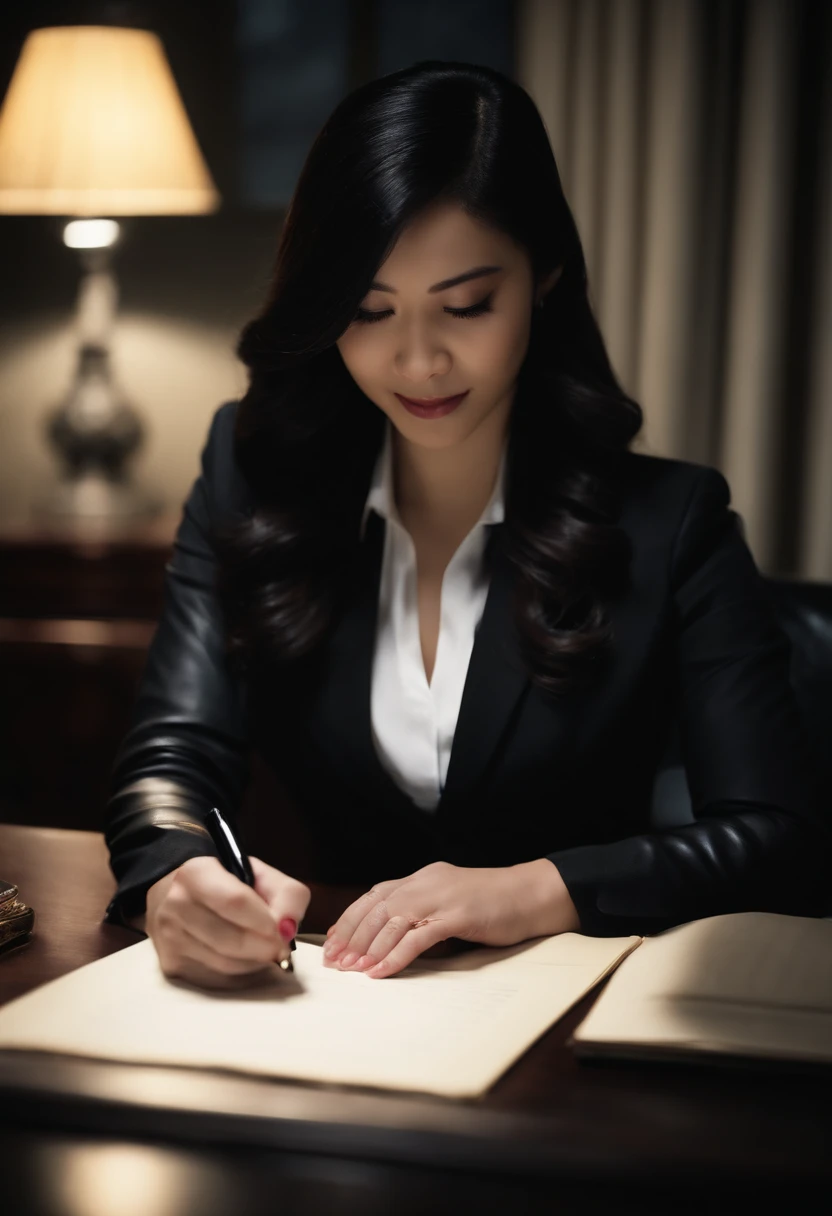 Wearing black leather gloves in both hands, upper body, black business suit, facing the desk in the modern study in the dark, looking down and smiling, writing a letter using a fountain pen, long, straight black hair, young Japanese woman (black leather gloves cover both hands)