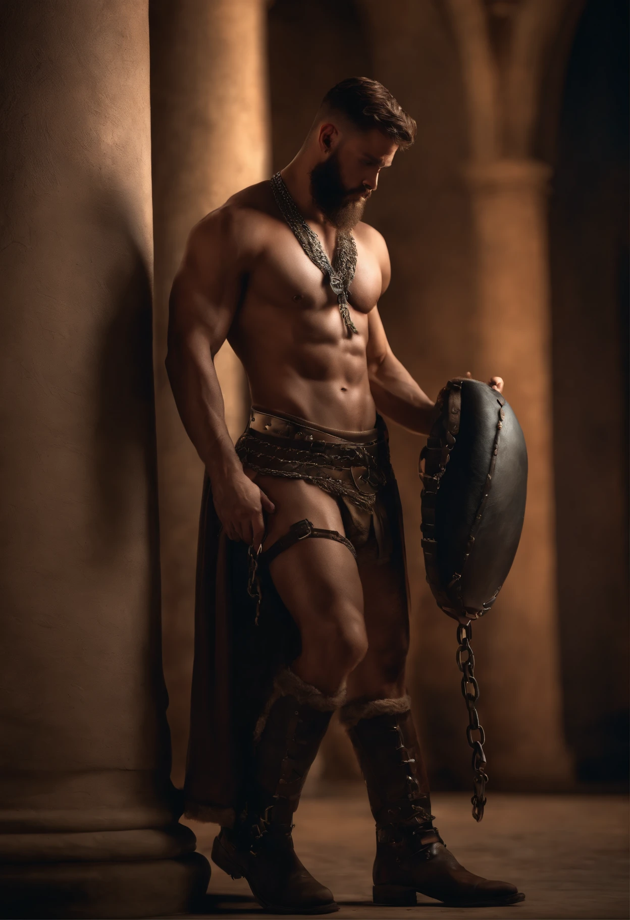 Stable Diffusion prompt: a soldier chained to a pillar, with a rugged beard, completely , wearing a tight and sexy transparent underwear that accentuates his lower body. (best quality, 4k, highres, masterpiece:1.2), ultra-detailed, (realistic, photorealistic:1.37), HDR, studio lighting, fine details, professional, vivid colors, bokeh, portraits, concept artists, intense lighting.