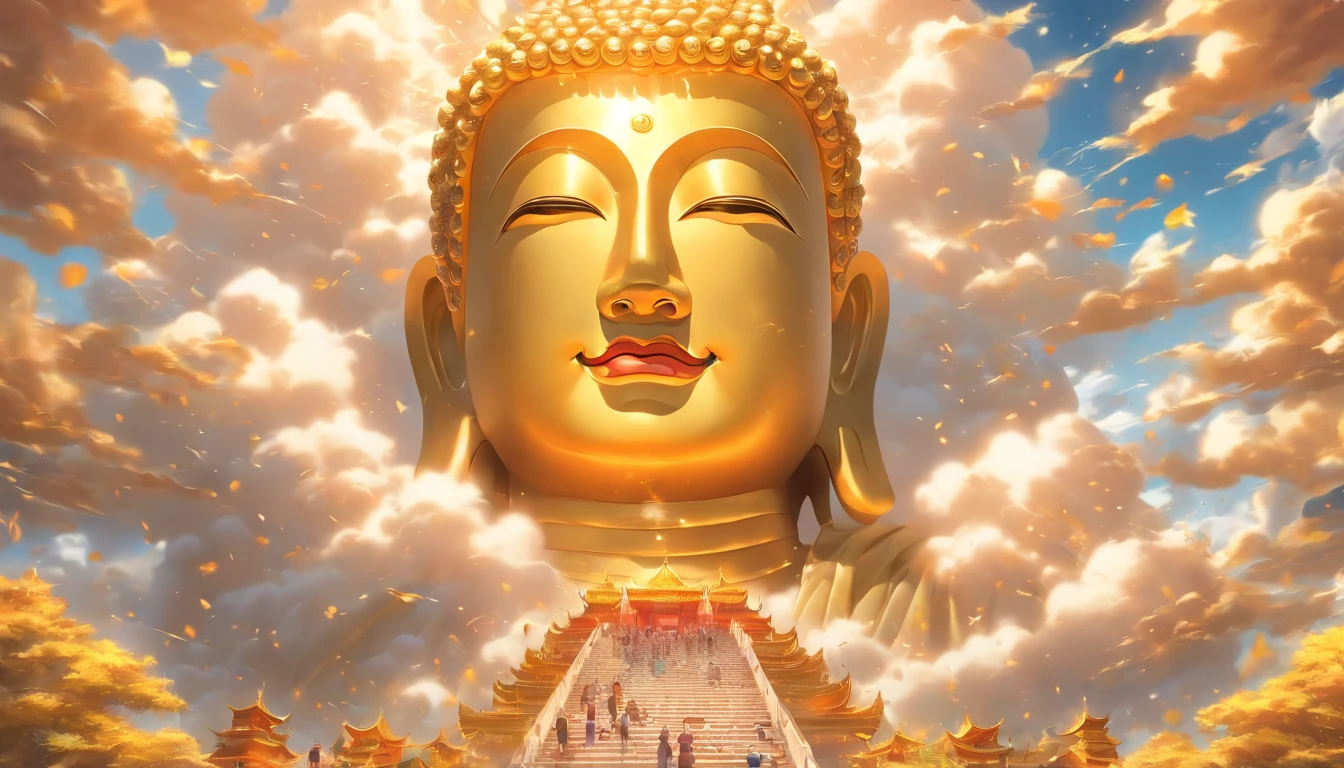 Close-up, huge Buddha avatar, Buddha light shining, golden light