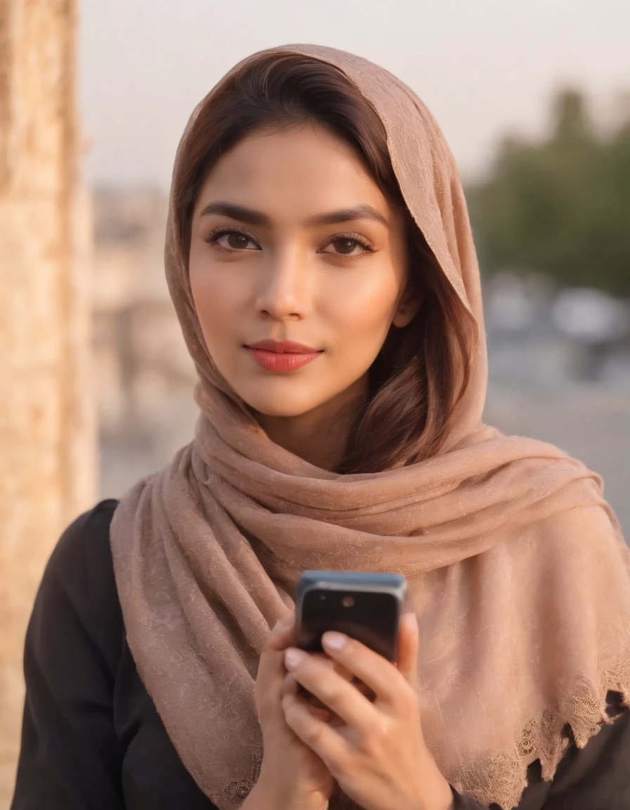there is a woman wearing a scarf and holding a cell phone, a picture inspired by Basuki Abdullah, instagram, hurufiyya, close up potrait, faridah malik, taken at golden hour, with accurate face, potrait, during sunset, neutral face, selfie photo, hijab, face picture, 8k selfie photograph, face with artgram