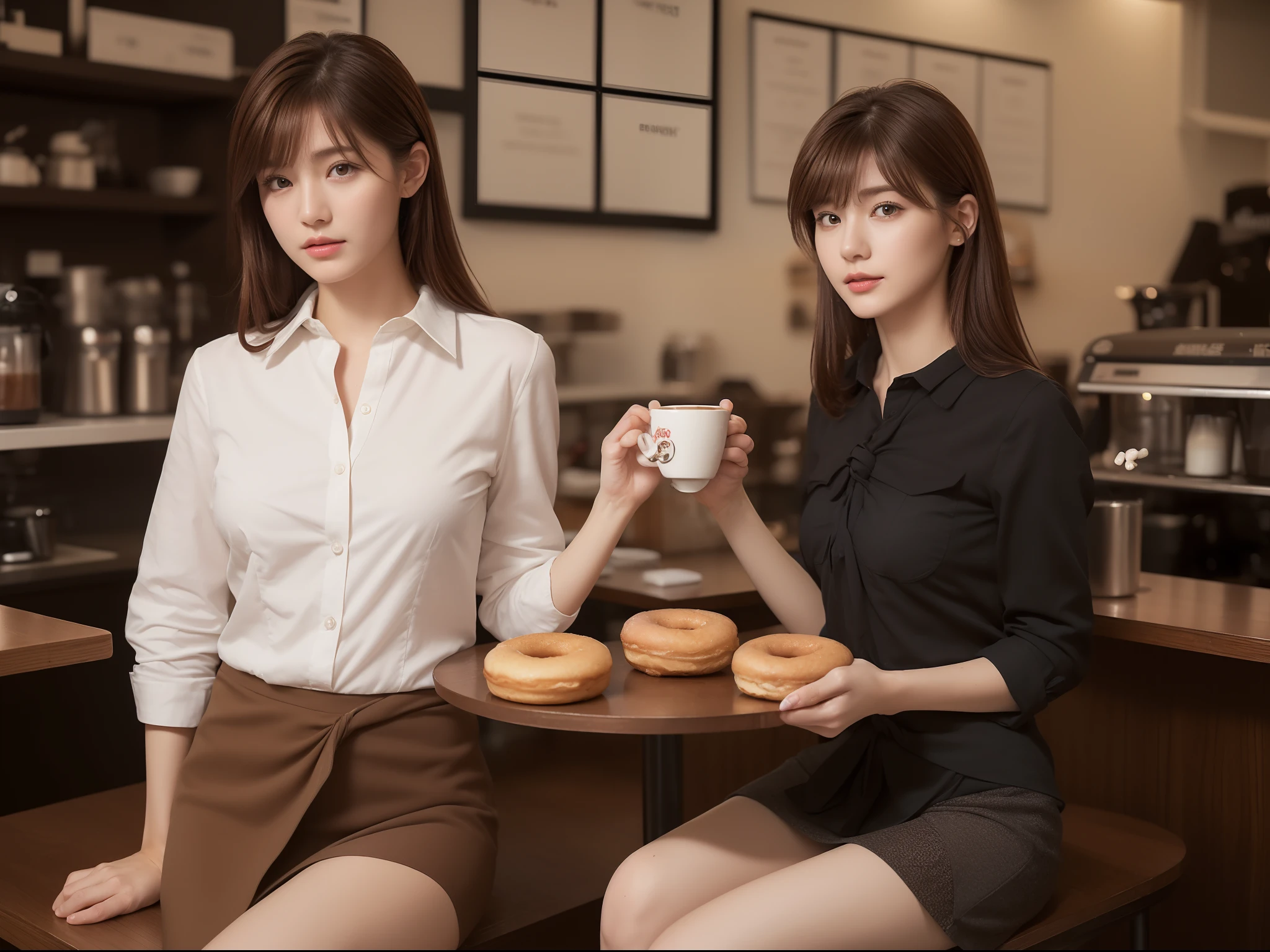 ((Morning, Best quality, 8k)), Half body, A pretty woman with perfect figure, Slender abs, ((Dark tied brown hair, Medium breasts)), ((Working shirt, Short skirts, Sitting with coffee and donut)), ((Coffee shop)), Highly detailed face and skin texture, Detailed eyes