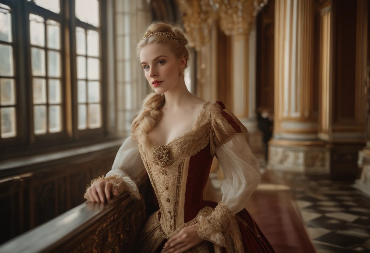 Beauty in the middle of the picture, French, 24 years old, (pale:1.3) Skin, empress, Straight blonde hair in bun hairstyle, Large eyelashes, self-confident, serious, arrogant, no makeup, Beautiful body, Intricate Victorian costumes, In the palace, victorian era