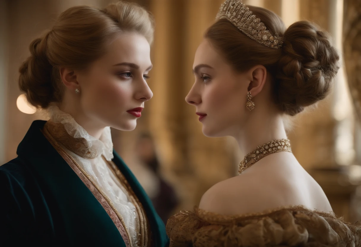 Beauty in the middle of the picture, French, (pale:1.3) Skin, The empress is 24 years old and has a 7-year-old daughter. Straight blonde hair in bun hairstyle, Large eyelashes, self-confident, serious, arrogant, no makeup, Beautiful body, Intricate Victorian costumes, In the palace, victorian era