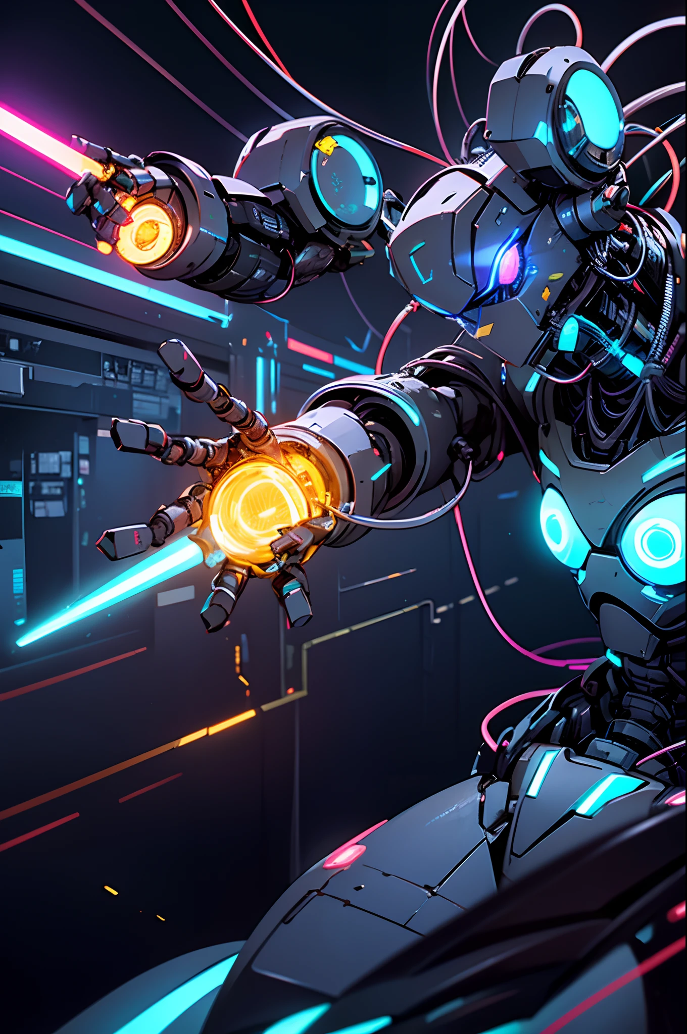 Robot figure made of wire and circuit, Illuminated by bright neon lights in the dark, industrial setting.