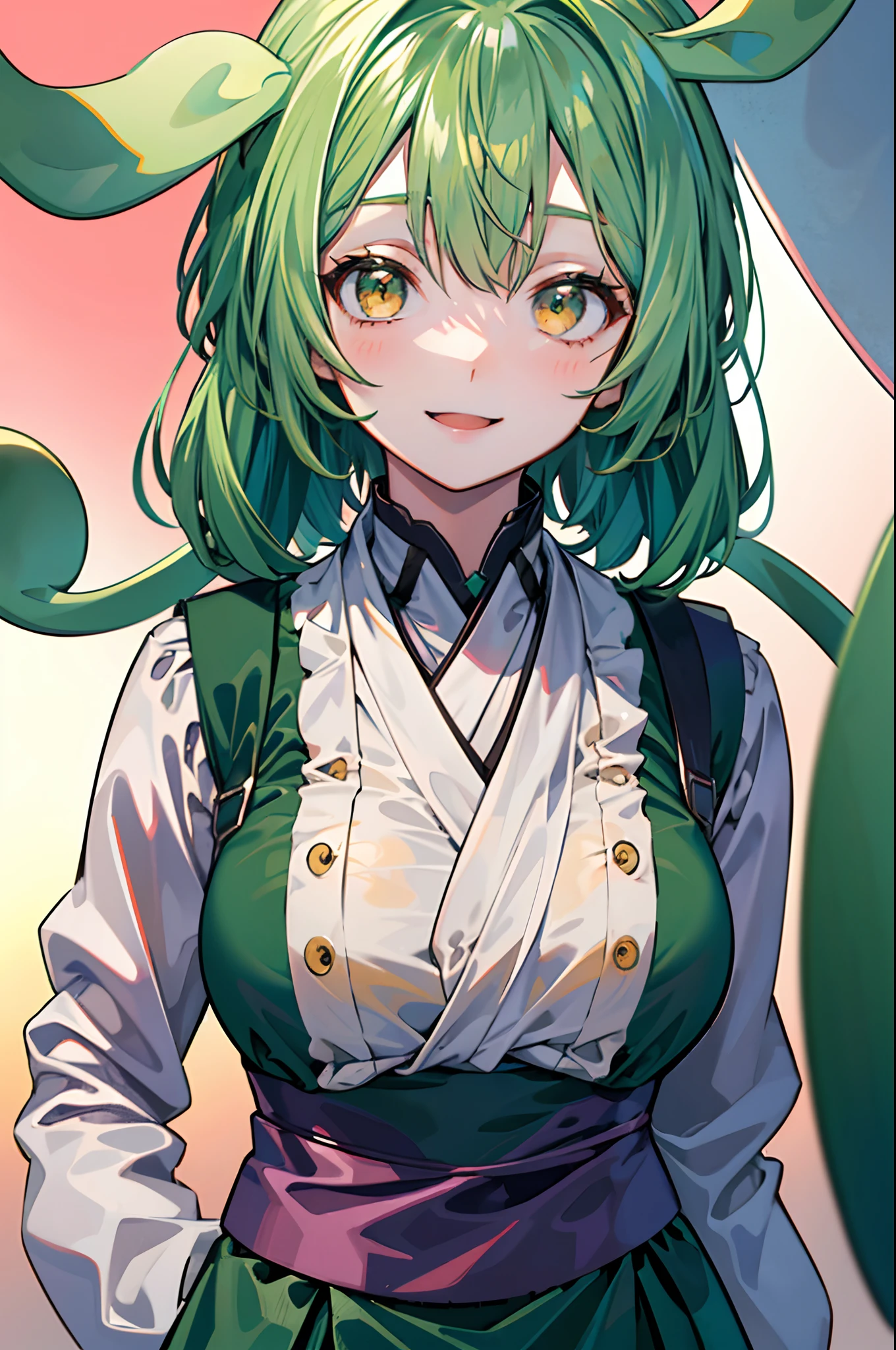 a beauty girl，Yellow-green hair，bobhair、short-hair、Gentle drooping eyes，large full breasts、校服，Manga style，fulcolor，hi-school girl，Calm and gentle face，Big smile、innocent smiles