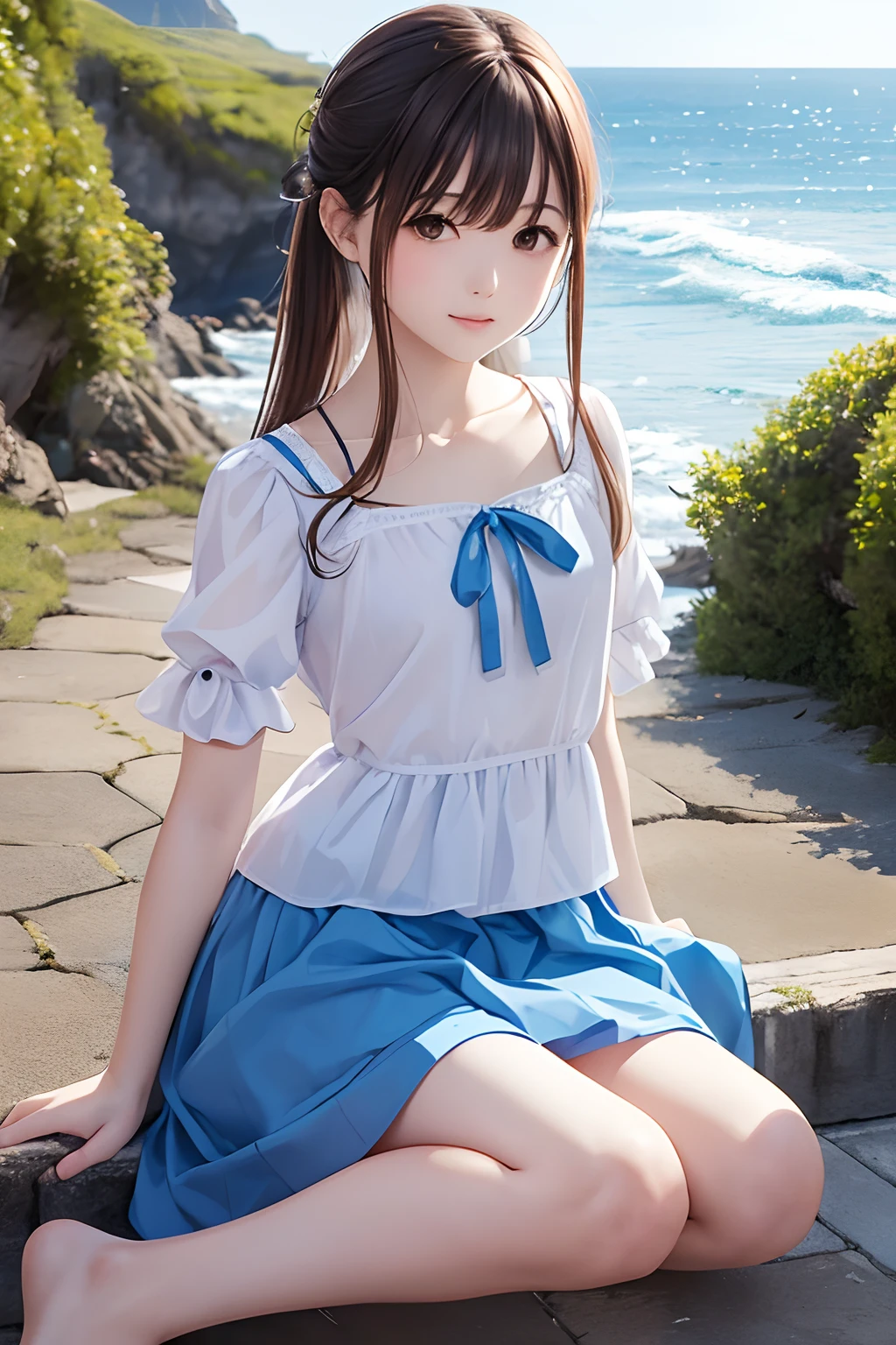 FULL BODYSHOT、an oil painting、masterpiece、top-quality、hight resolution、Brown hair、Long、poneyTail、Small、Fluffy chiffon skirt、sea side、shores、blue-sky、tiny chest、Light blue short sleevesTThe shirt、college aged