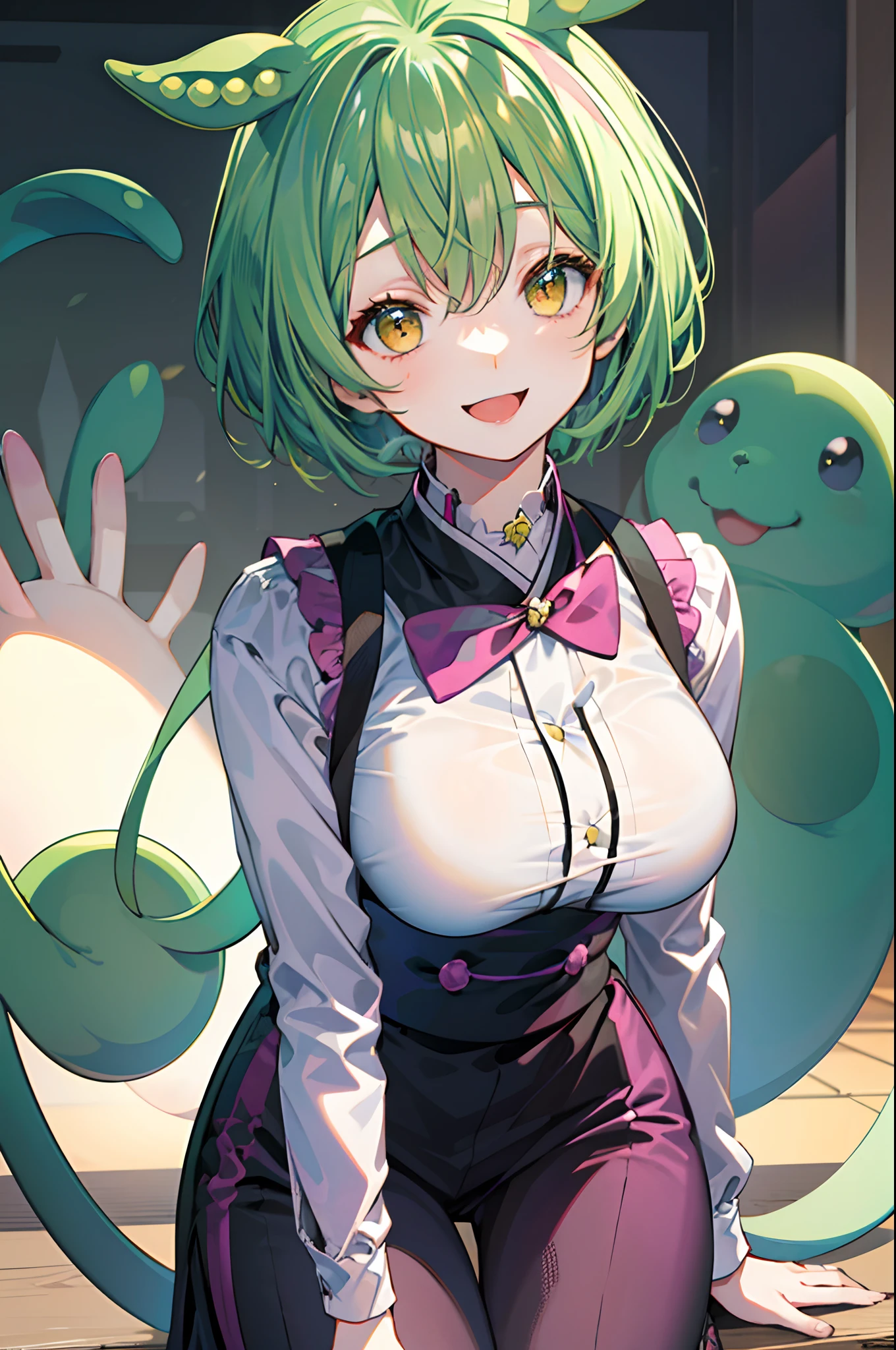 a beauty girl，Yellow-green hair，bobhair、short-hair、Gentle drooping eyes，large full breasts、校服，Manga style，fulcolor，hi-school girl，Calm and gentle face，Big smile、innocent smiles