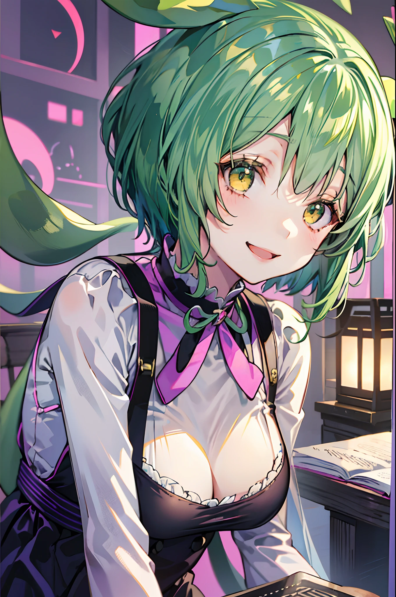 a beauty girl，Yellow-green hair，bobhair、short-hair、Gentle drooping eyes，large full breasts、校服，Manga style，fulcolor，hi-school girl，Calm and gentle face，Big smile、innocent smiles