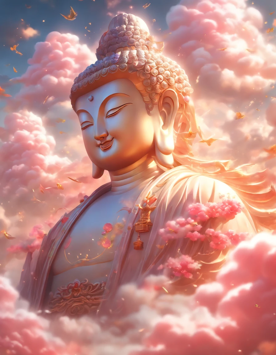 ((Masterpiece)),(Best quality)),China-style,In the sky, The clouds form a huge transparent glowing white jade Maitreya Buddha statue,Thick clouds,The sun shines,Pilgrims on the road,Hyper-realistic,Ultra photo realsisim,Pink,8K,High definition,high qulity,Works of masters,super-fine,(((OC renderer)))