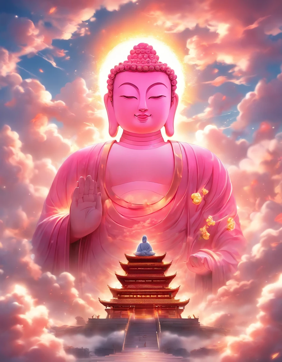 ((Masterpiece))，(Best quality))，China-style，In the sky, The clouds form a huge transparent glowing white jade Maitreya Buddha statue，Thick clouds，The sun shines，Pilgrims on the road，Hyper-realistic，Ultra photo realsisim，Pink，8K，High definition，high qulity，Works of masters，super-fine，（（（OC renderer）））