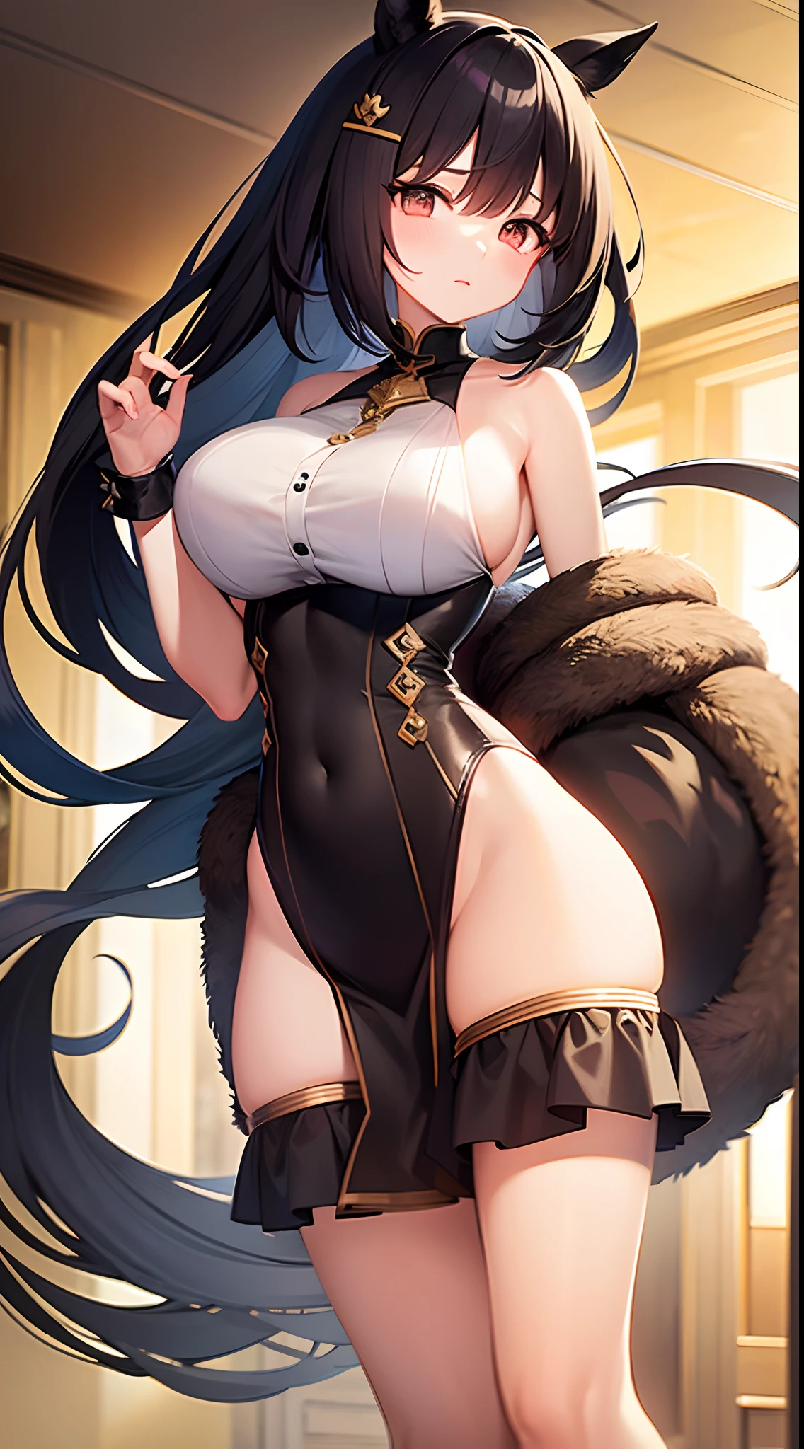(gigantic breasts:1.6),One word horse,with short black hair,Hairpins