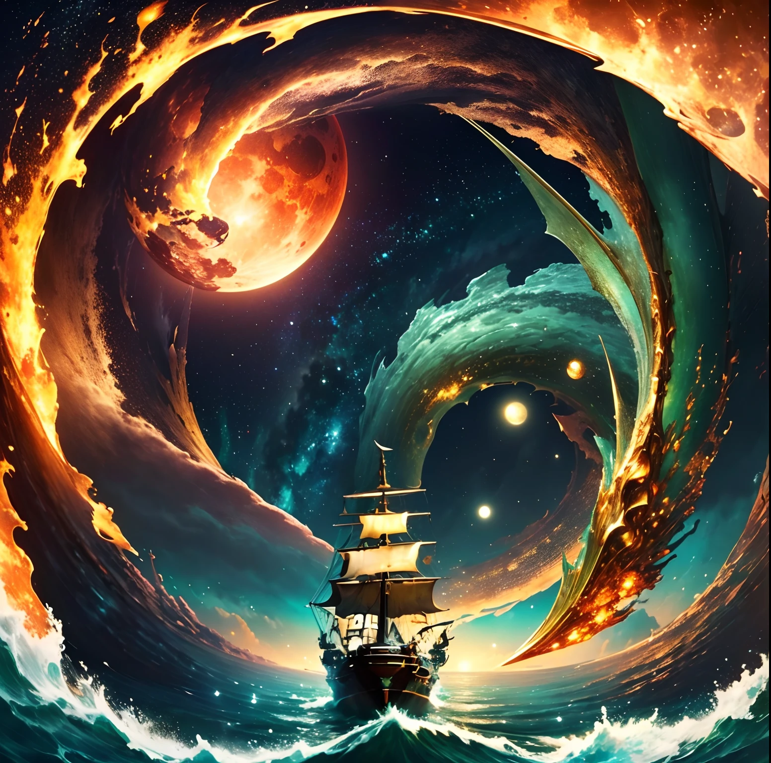 extremely detailed 8k wallpaper,(highly detailed:1.1), ((masterpiece:1.1)),[anime:Impasto:0.5], intricate , fantasy,(1ship),(ocean:1.2),[golden boat:golden boat with (green fire:1.2):0.1], clear sky ,wind ,beautiful sky,(nightsky),(galaxy), (huge blood moon in the background:1.05),