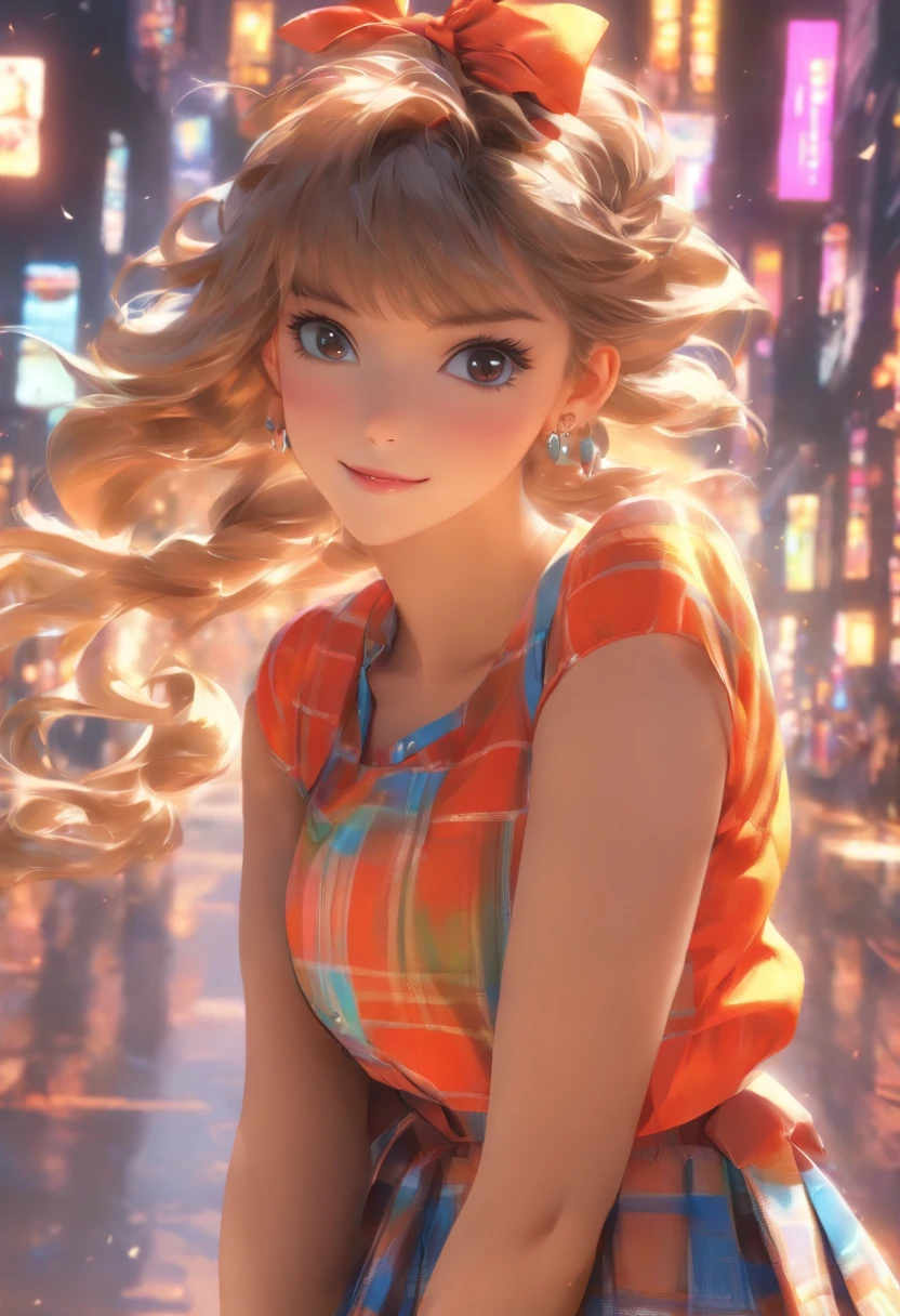 in 8K、top-quality、masterpiece、ultra-detailliert、Ultra-high resolution、1 girl in、with round face、dark brown hair、Hair luster、Tear bag、二重まぶた、long eyelashes、drooing eyes、makeup、eyeshadows、poneyTail、校服、plaid skirts、full body Esbian、wonderment、strong breeze、Flipping skirt