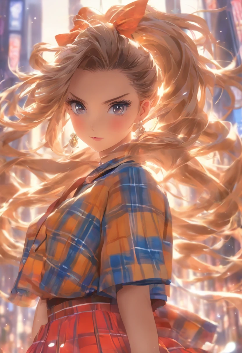 in 8K、top-quality、masterpiece、ultra-detailliert、Ultra-high resolution、1 girl in、with round face、dark brown hair、Hair luster、Tear bag、二重まぶた、long eyelashes、drooing eyes、makeup、eyeshadows、poneyTail、校服、plaid skirts、full body Esbian、wonderment、strong breeze、Flipping skirt
