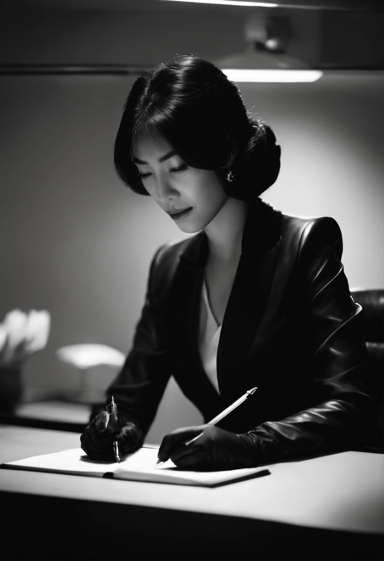 Wearing black leather gloves in both hands, upper body, black business suit, facing the desk in the modern study in the dark, looking down and smiling, writing a letter using a fountain pen, long, straight black hair, young Japanese woman (black leather gloves cover both hands)